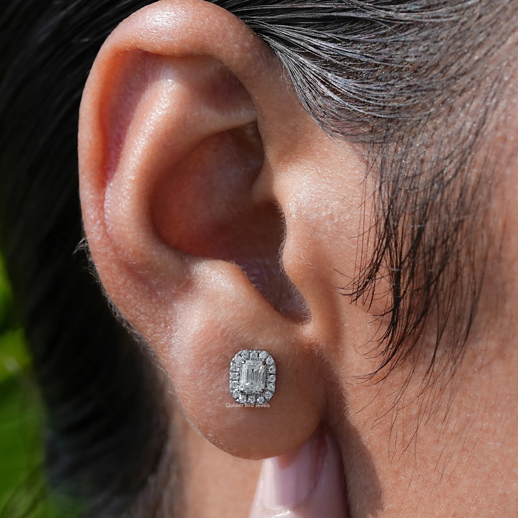 In Ear View Of moissanite Earrings in four prongs setting