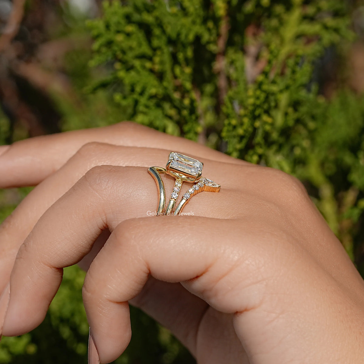 Smaragd Moissanit Braut Trio Ring Gebogenes Band Set