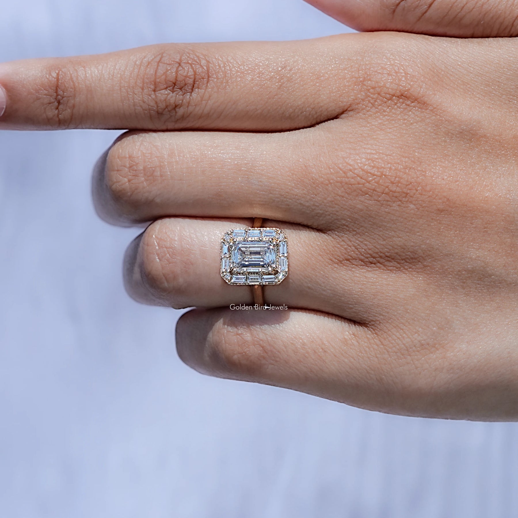 Close view of Emerald Shaped Solitaire Moissanite Ring
