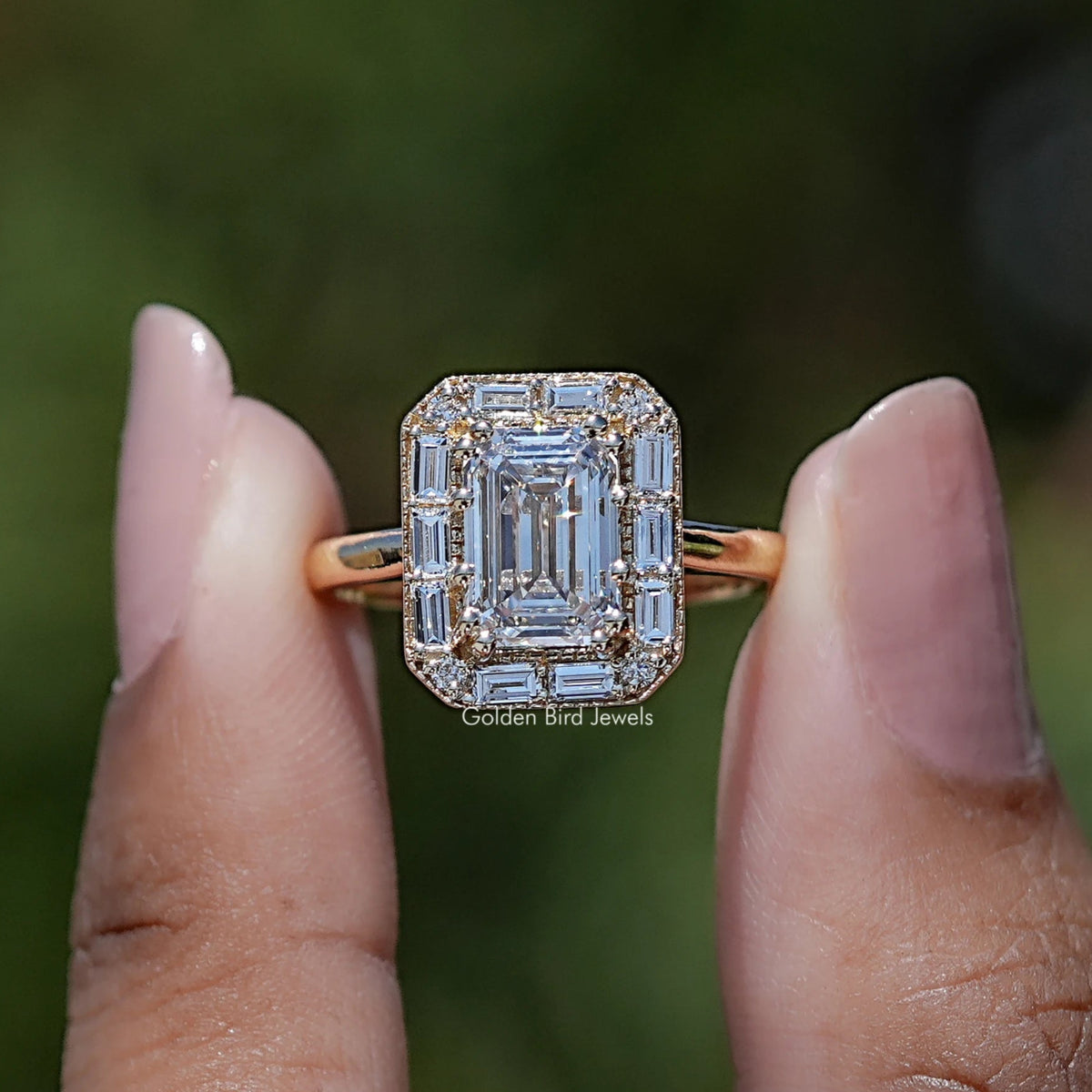 Front view of Emerald Shaped Lab Diamond Halo Ring