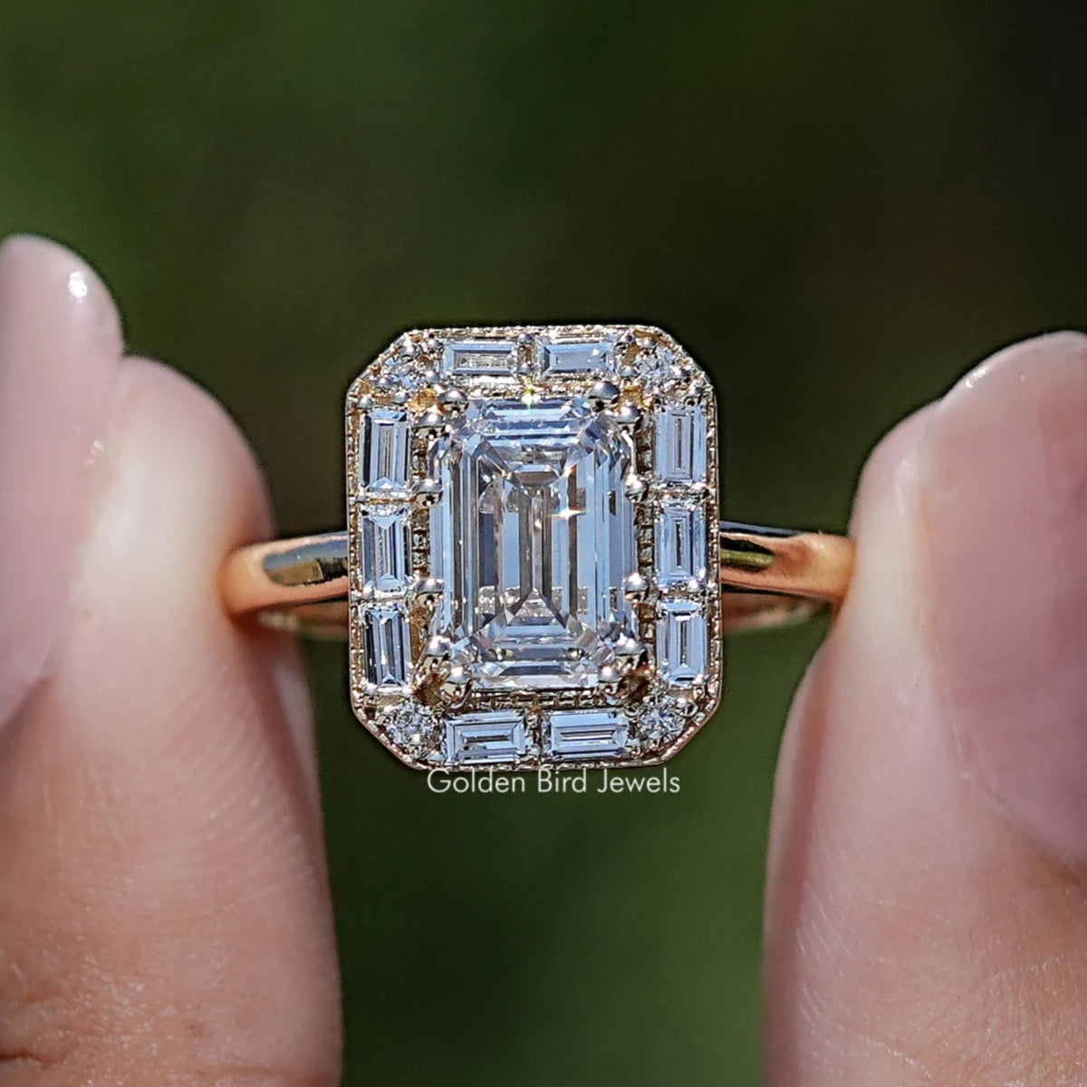 Front view of Emerald Shaped Lab Diamond Halo Ring