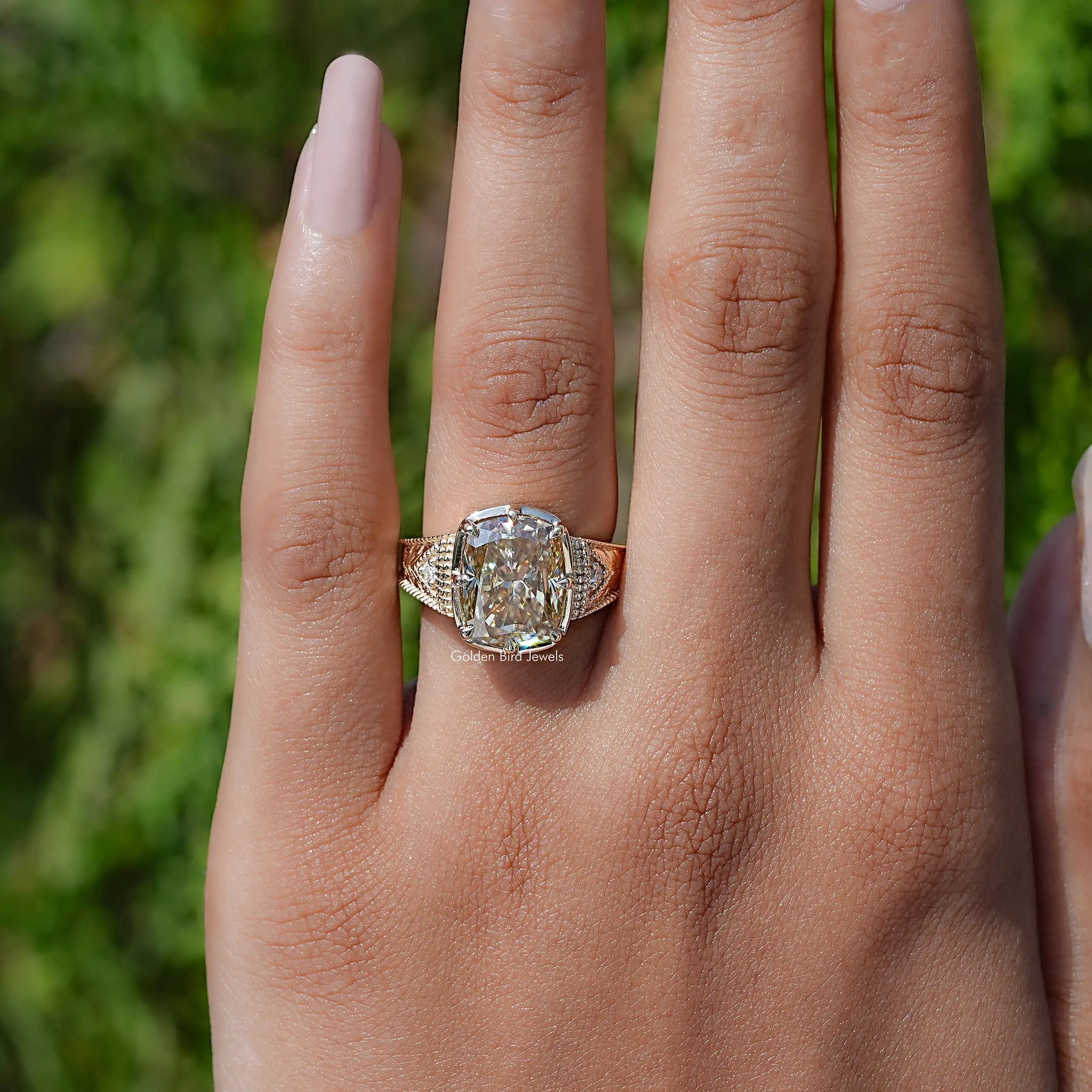 View of Filigree Yellow Elongated cushion Moissanite Ring