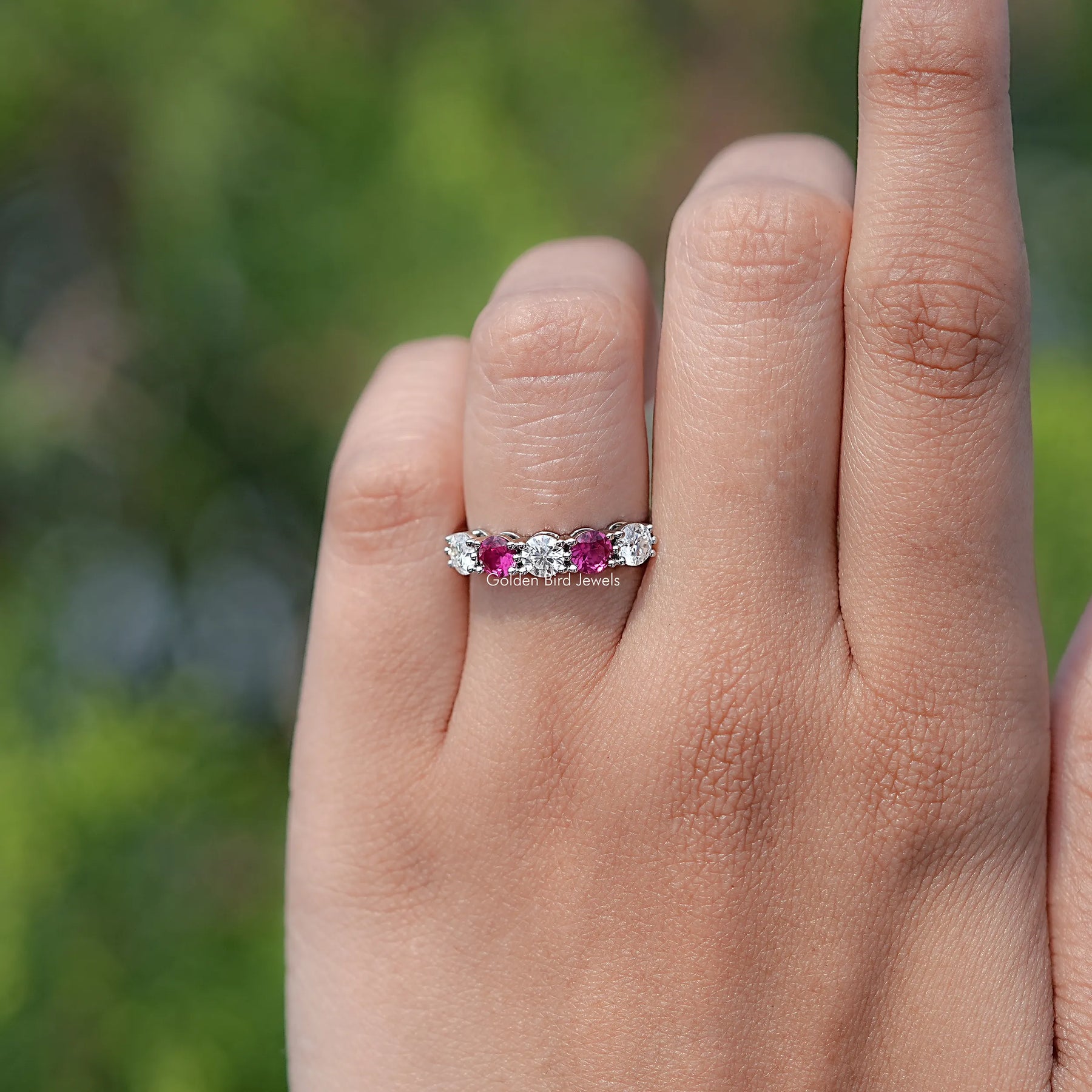 Close view of Round Gemstone Wedding Band