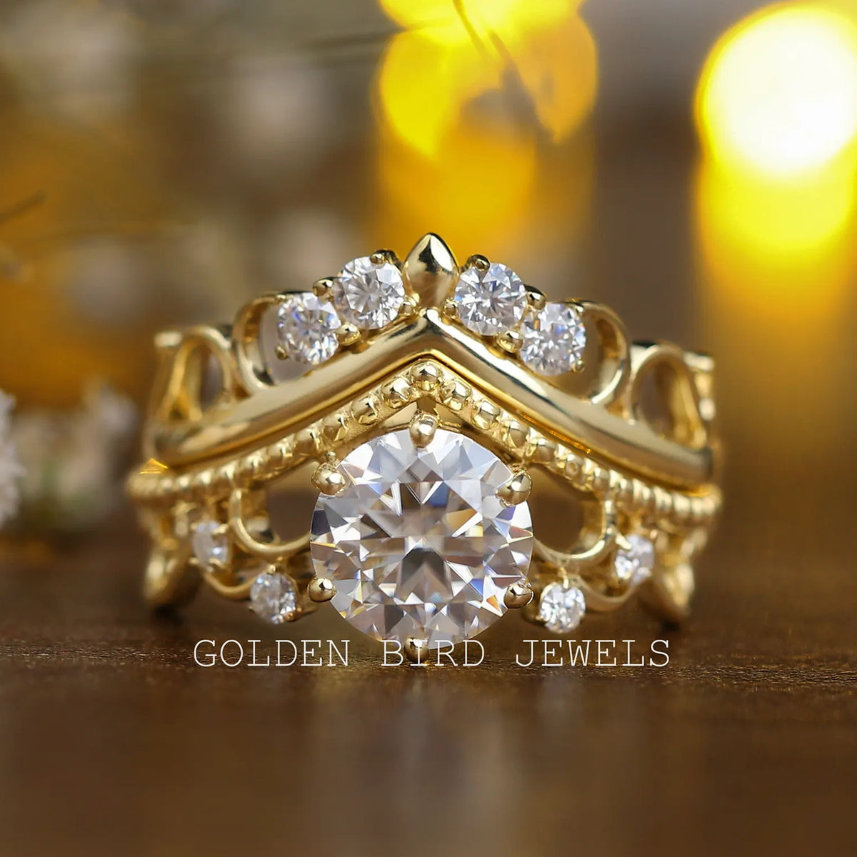 Rundschliff Moissanit Braut Ehering Vintage Ring Set