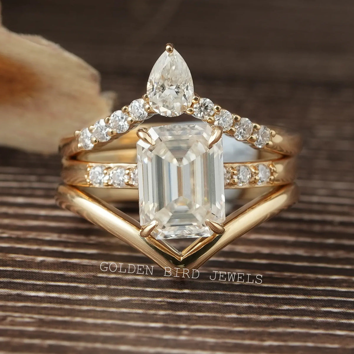 Smaragd Moissanit Braut Trio Ring Gebogenes Band Set