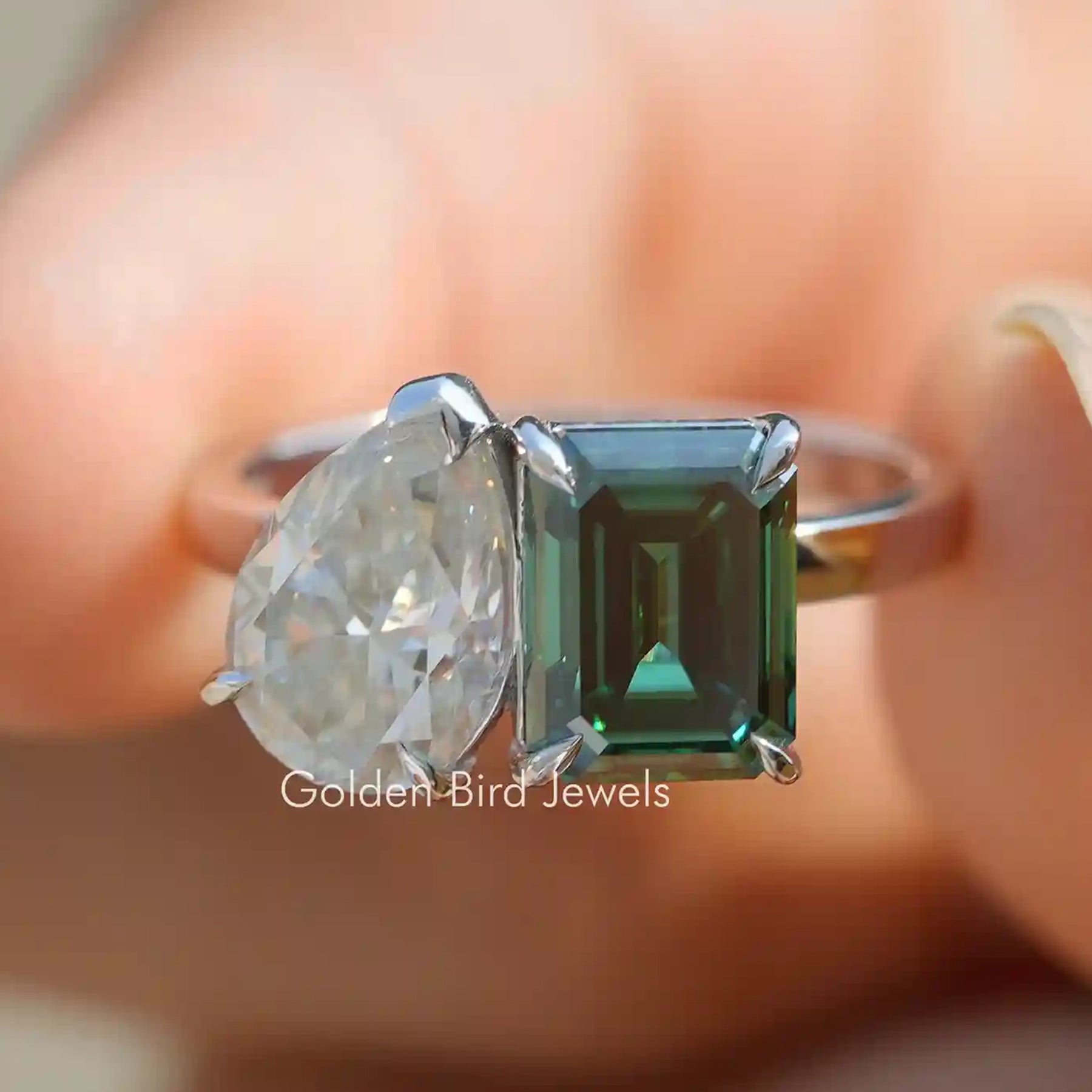 Emerald and Pear Cut Moissanite Toi Moi Ring