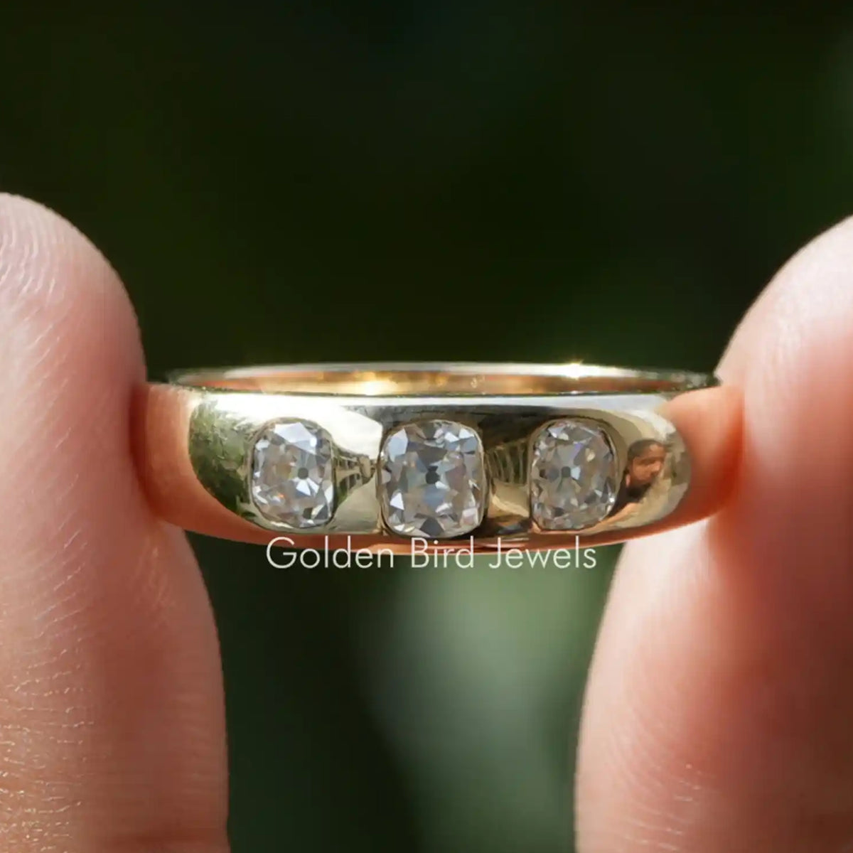 Old Mine Cushion Cut Moissanite Three Stone Ring