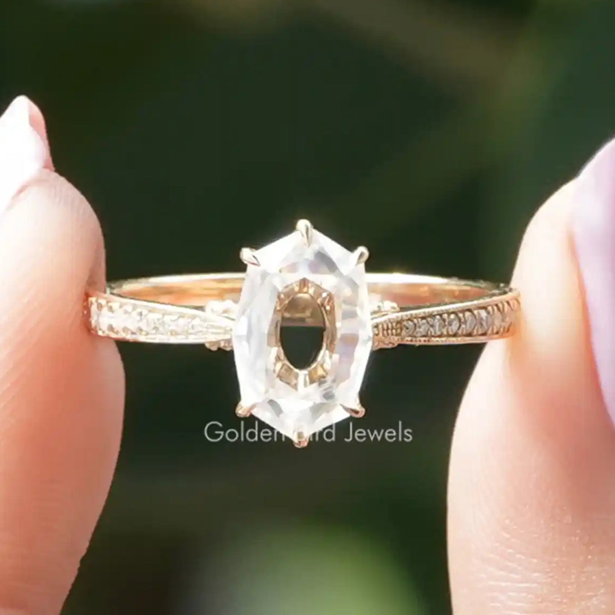 Portrait Hexagon Moissanite Hidden Halo Ring