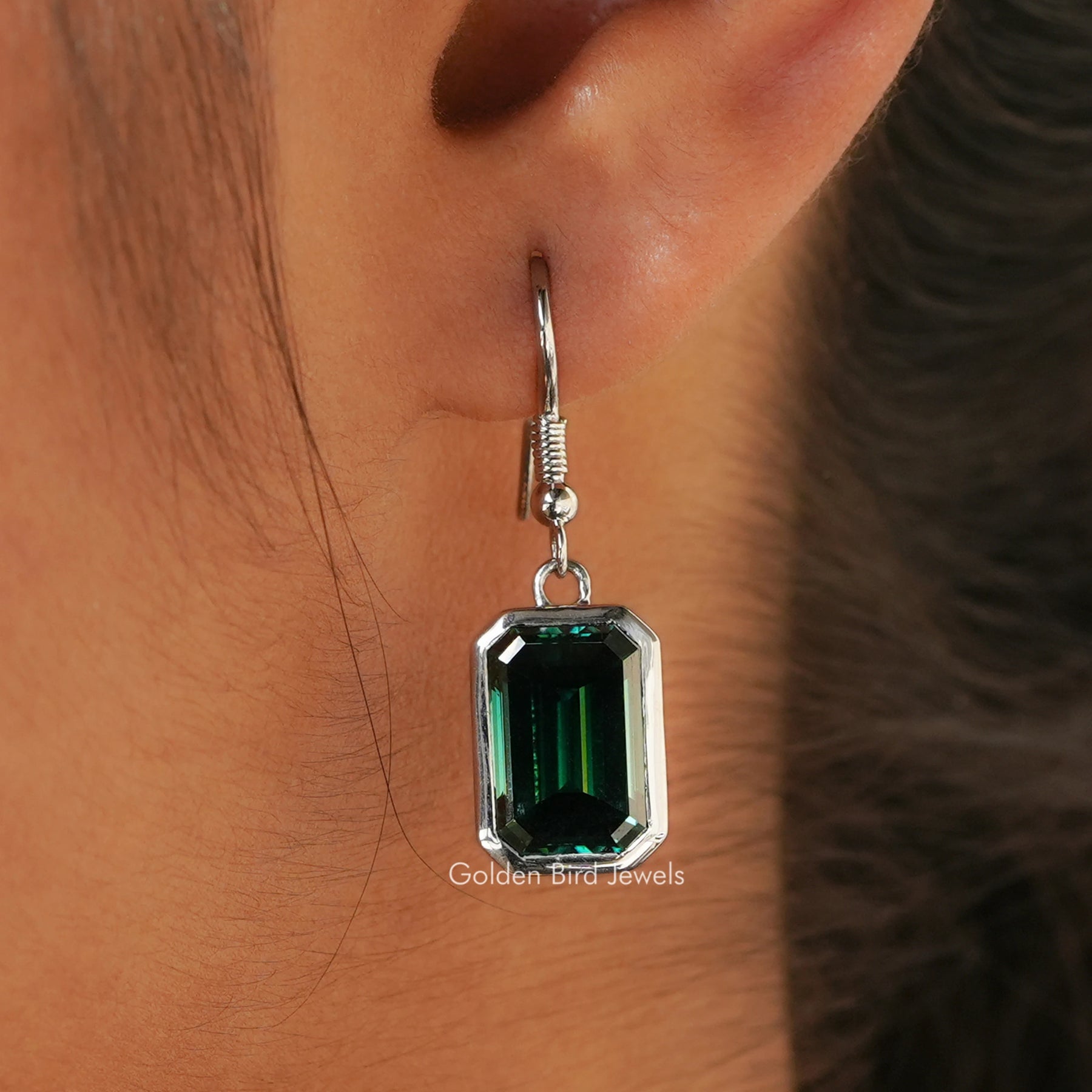 Dark Green Emerald Moissanite Dangle Drop Earrings