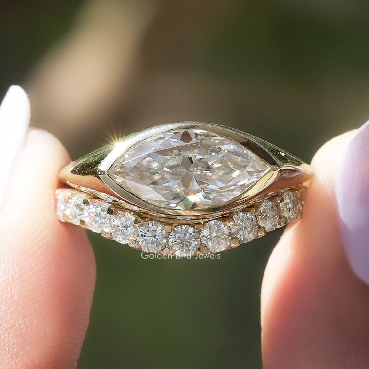 Brautring-Set mit Moissanit im Marquiseschliff