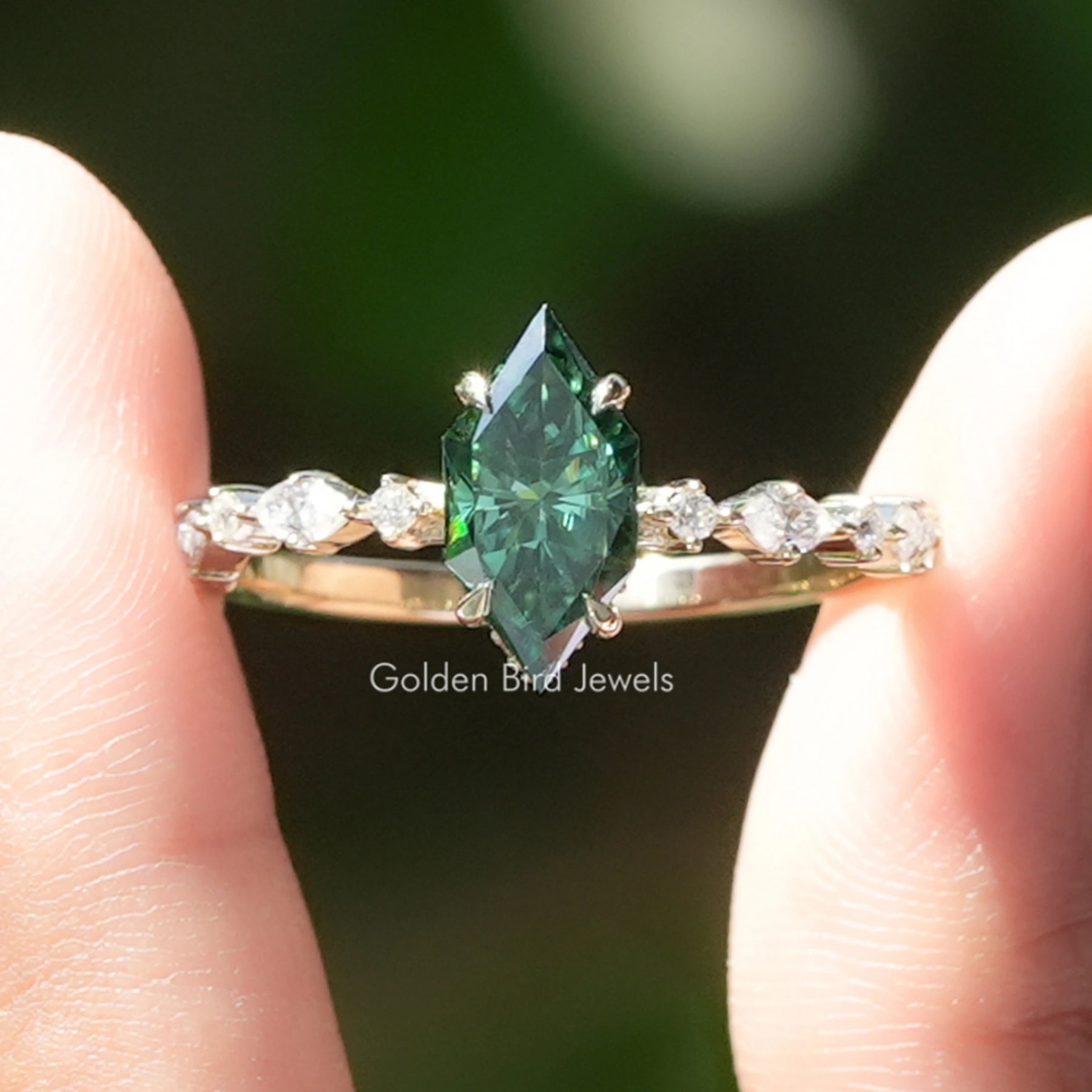 Green Dutch Marquise Moissanite Hidden Halo Ring