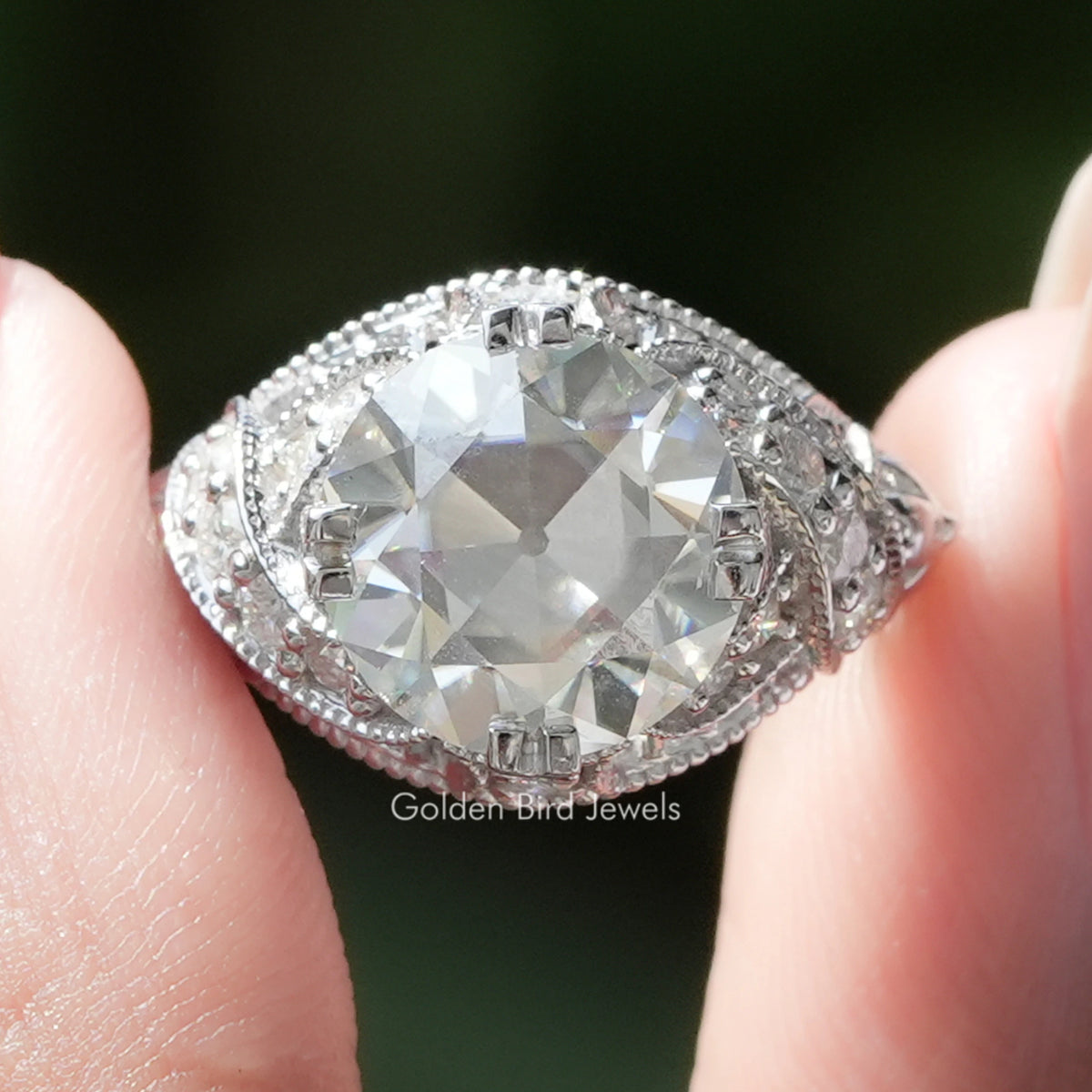 Old European Round Cut Moissanite Art Deco Ring