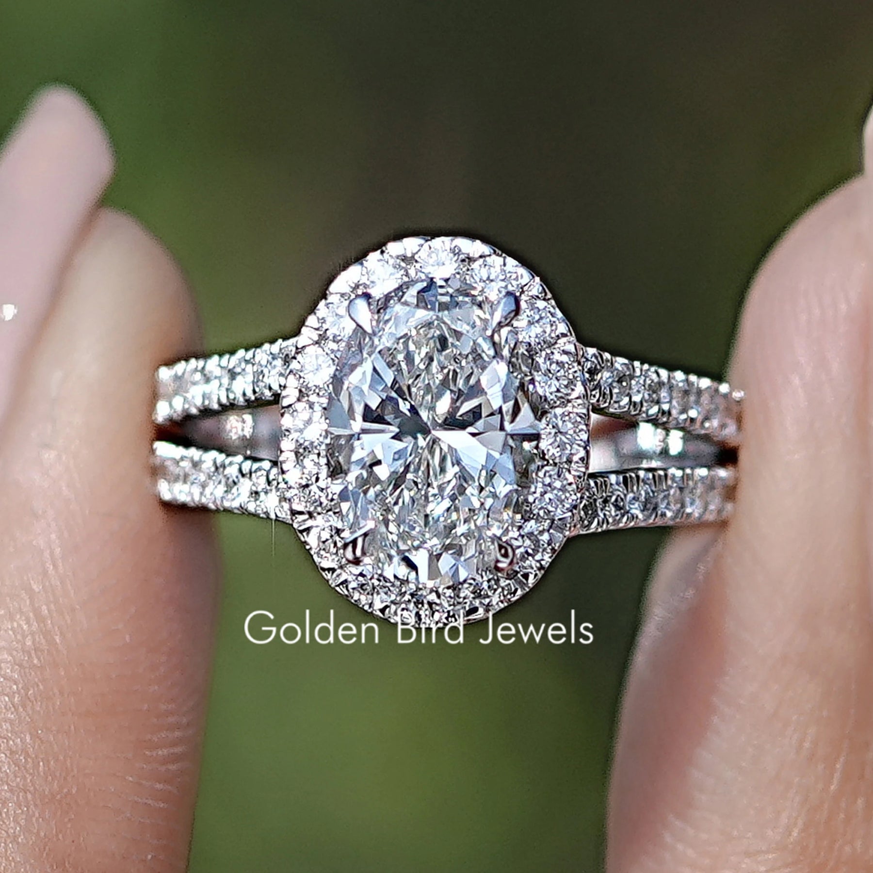 Oval Cut Halo Diamond Split Shank Engagement Ring