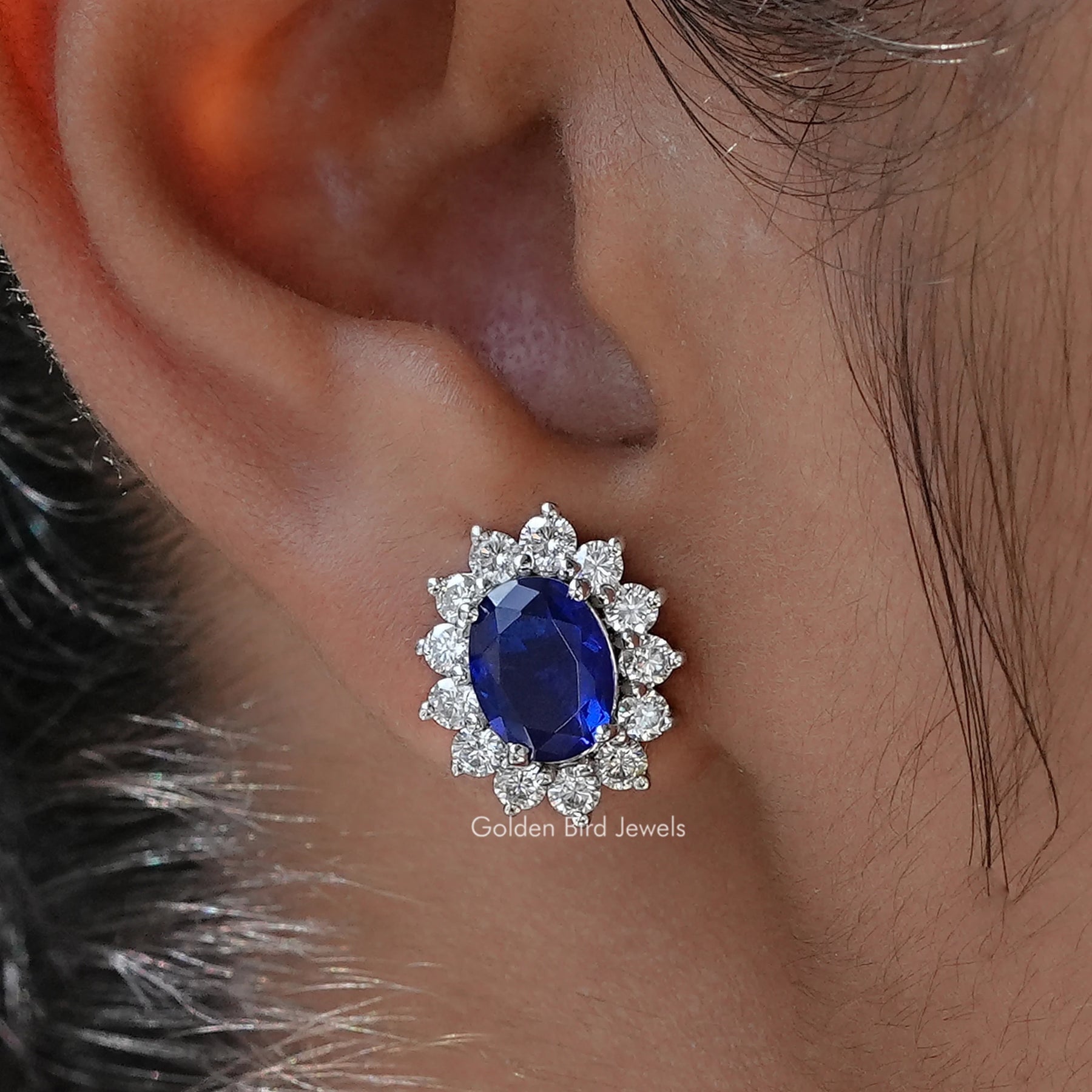 Blue Sapphire Oval Gemstone Halo Stud Earrings