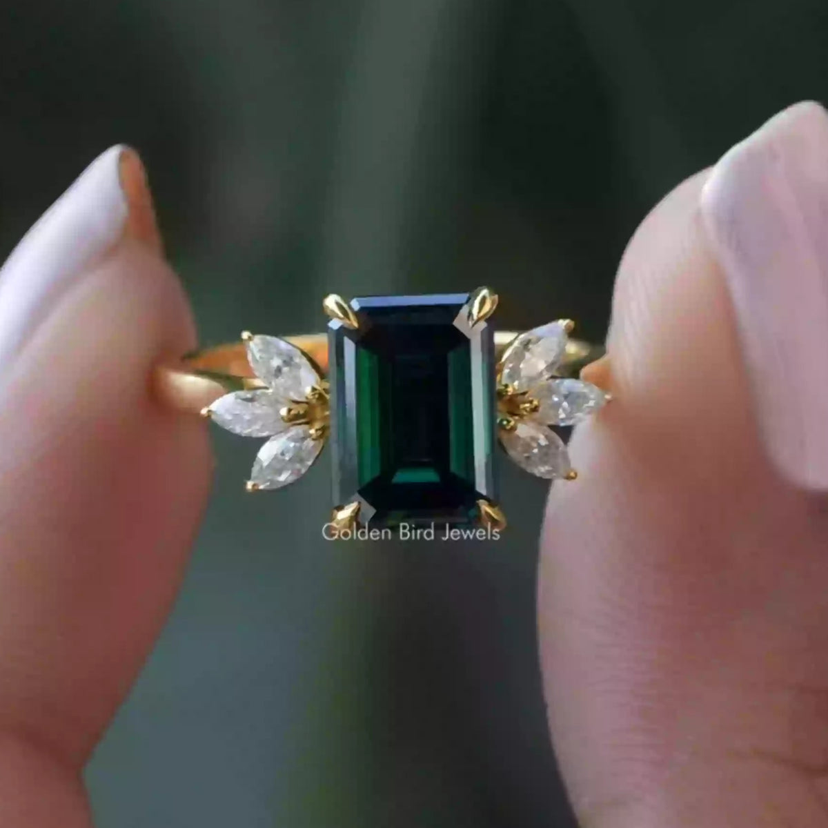 Dark Green Emerald And Marquise Cut Engagement Ring