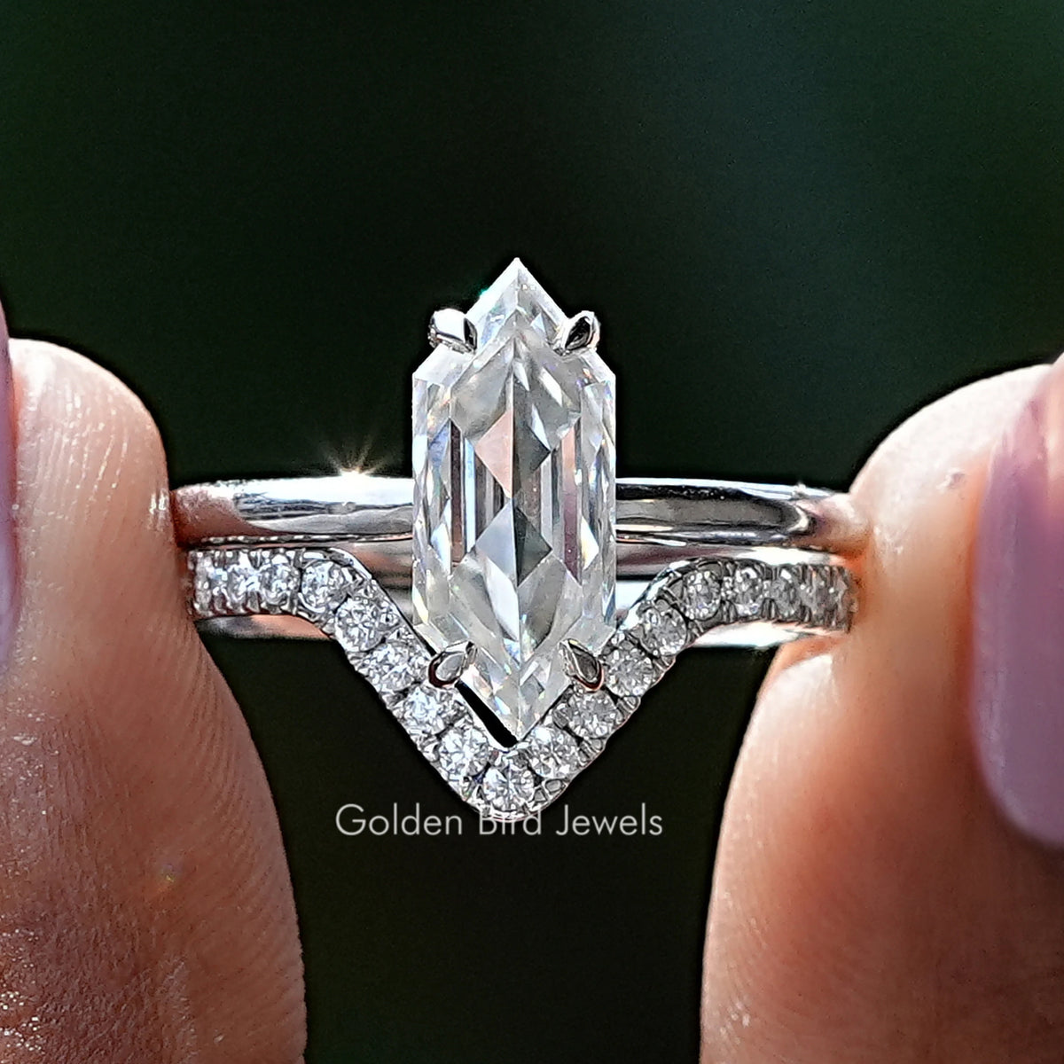 Farbloses Moissanit-Brautring-Set mit Hexagon-Schliff