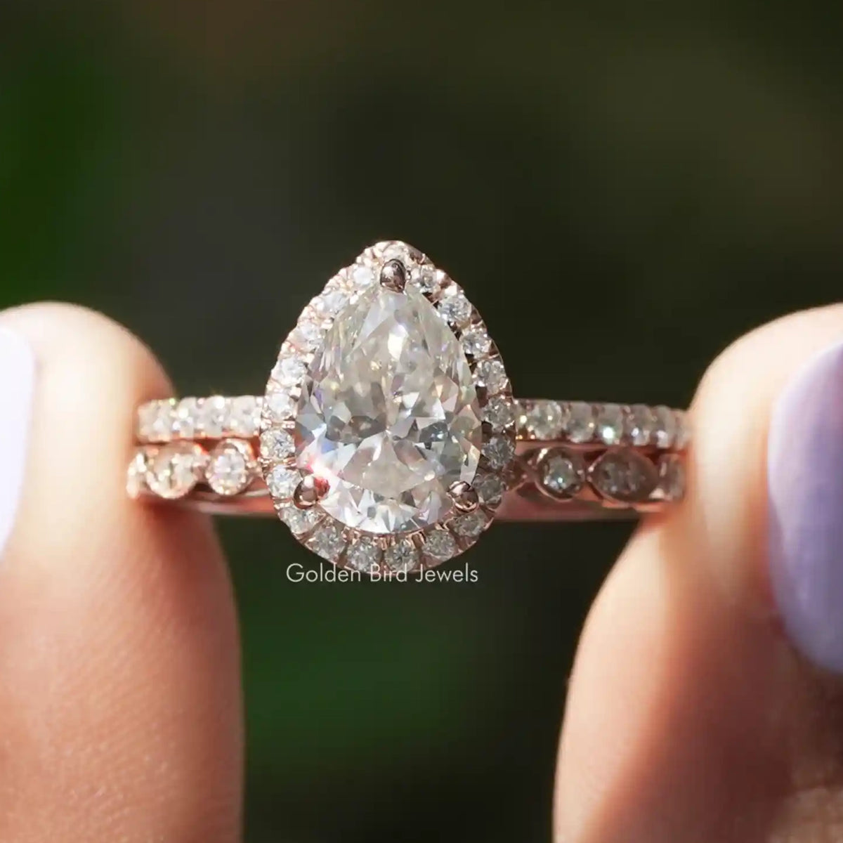 Birnenförmiger Moissanit-Halo-Hochzeitsring-Set