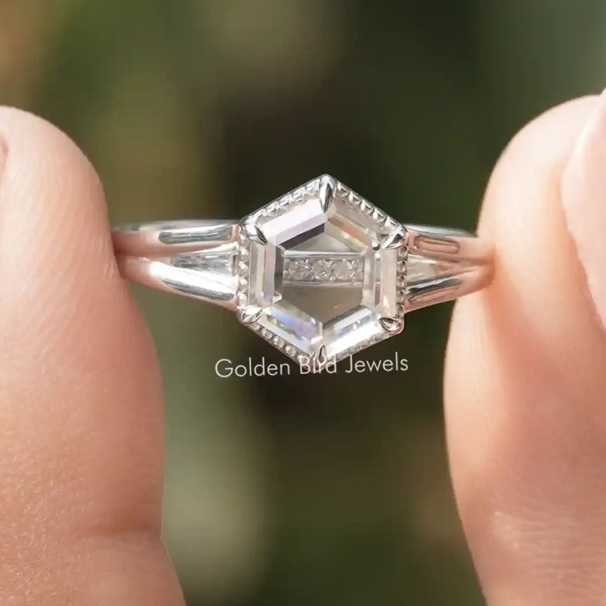 Portrait Hexagon Cut Moissanite Ring