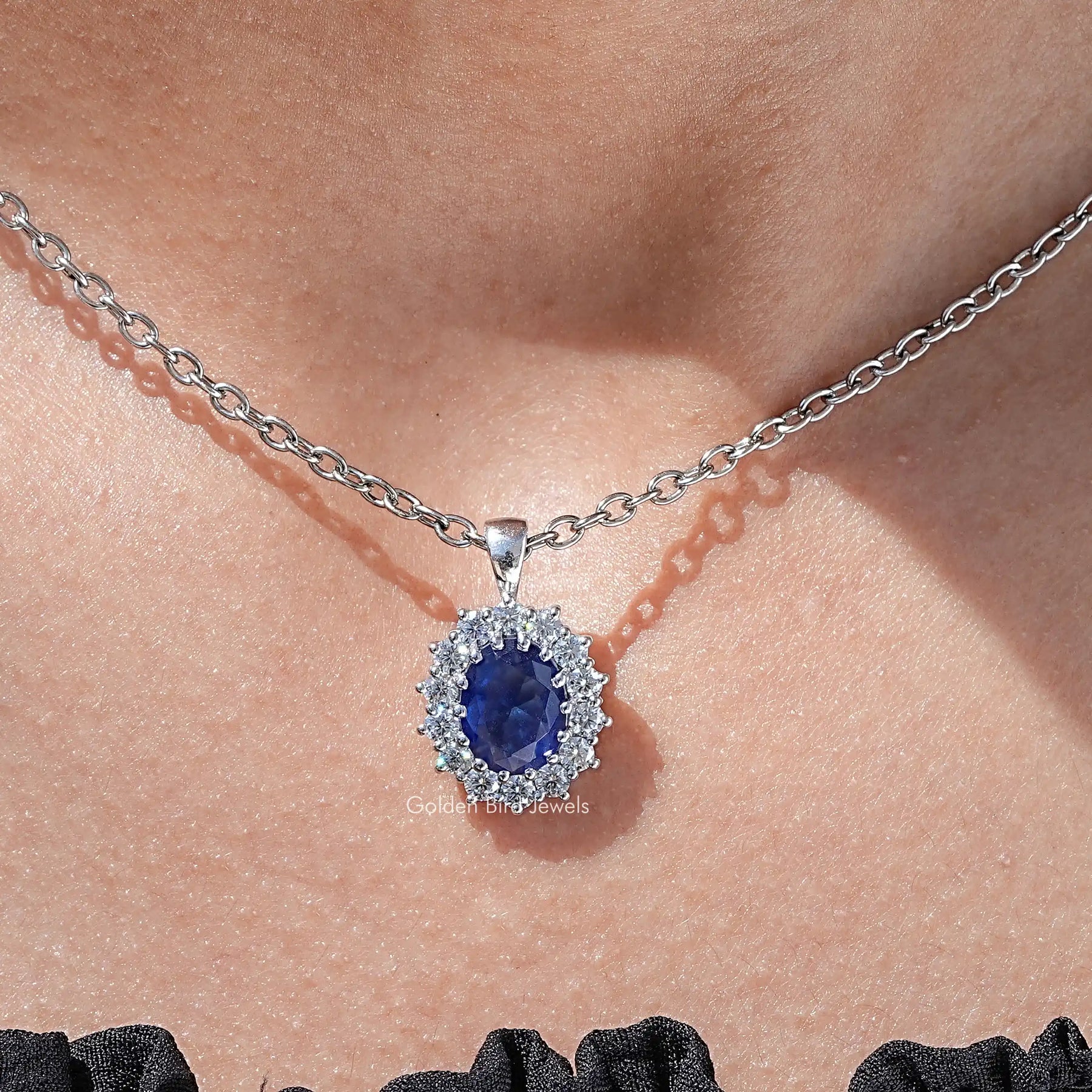 Blue Sapphire Oval Gemstone Halo Pendant
