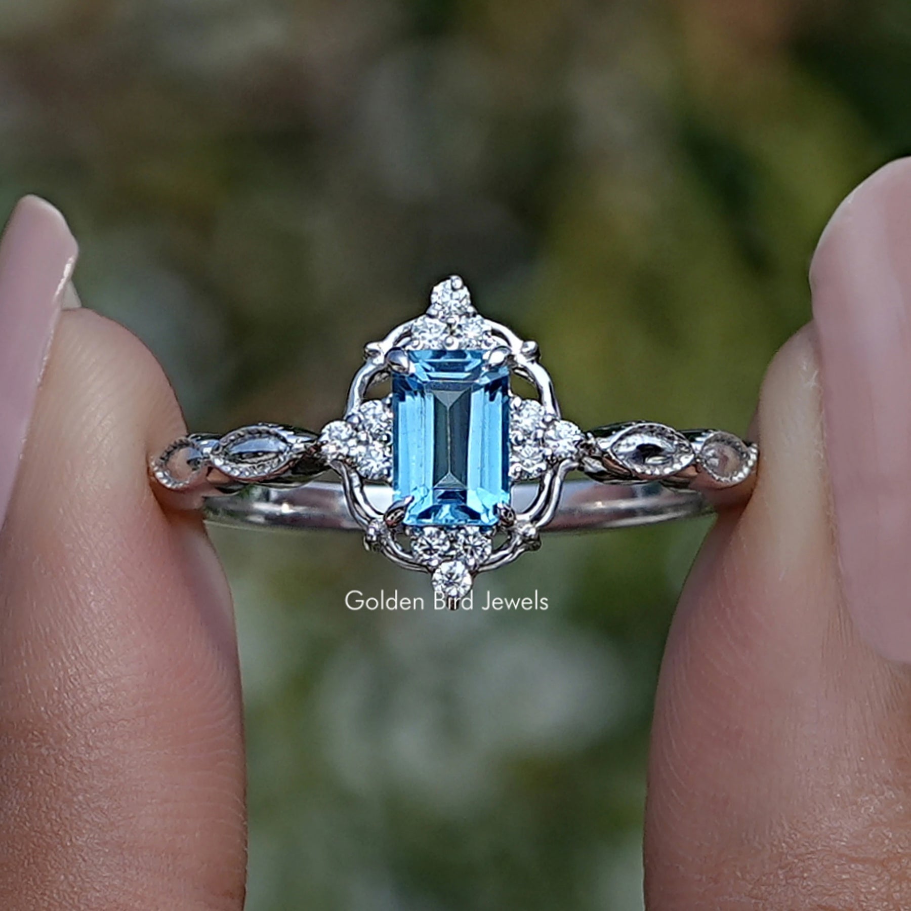 Smaragd schneiden Blue Topas Edelstein Halo Ring