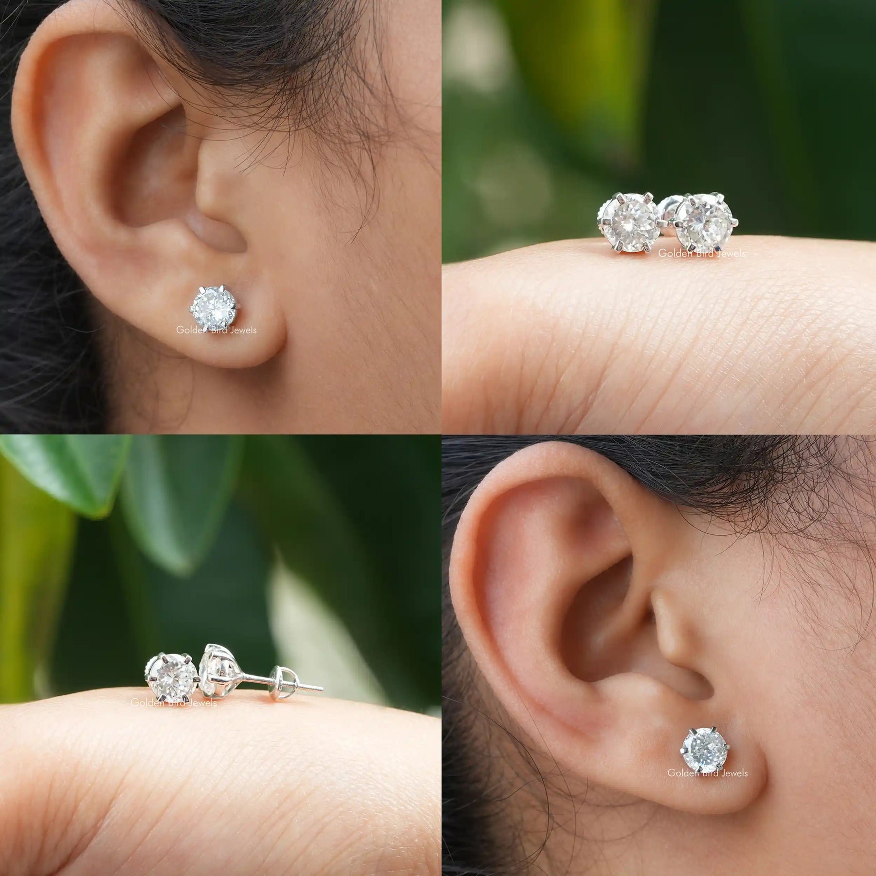 A collage view of a pair of Colorless Portuguese Moissanite Stud Earrings