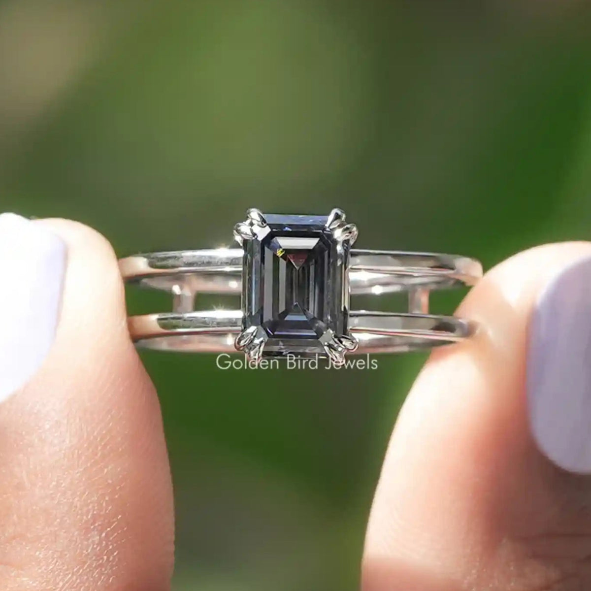 Gray Emerald Shaped Moissanite Engagement Ring