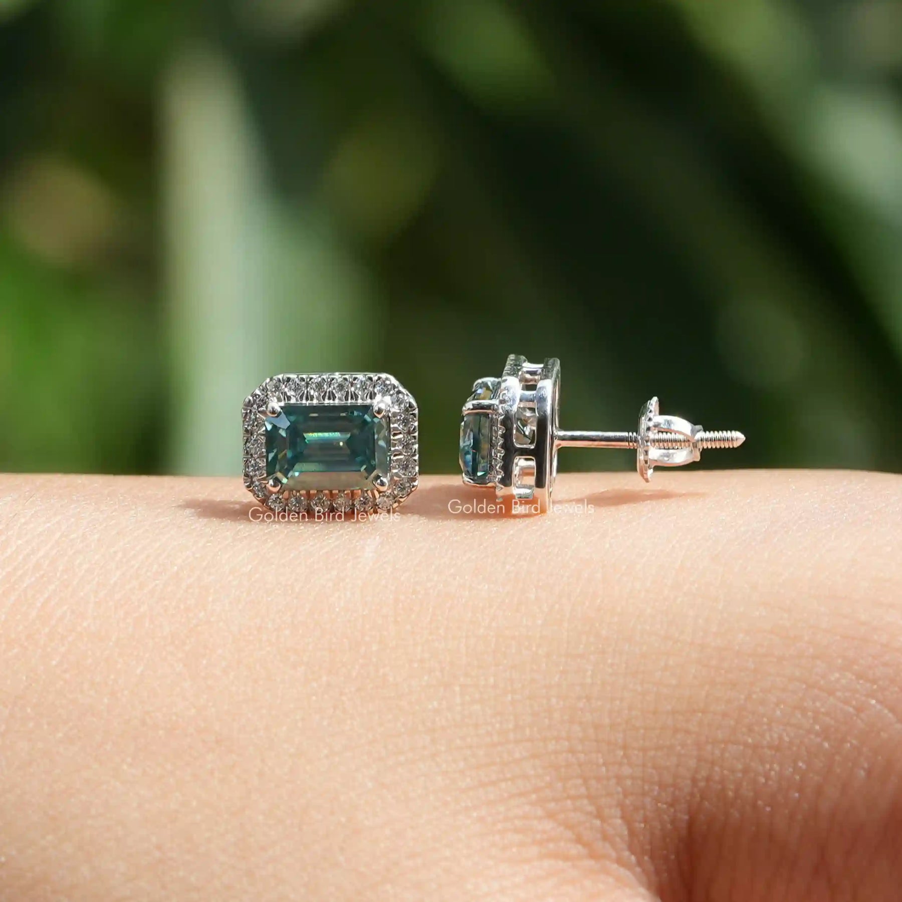 Green emerald cut moissanite stud earrings in prongs setting