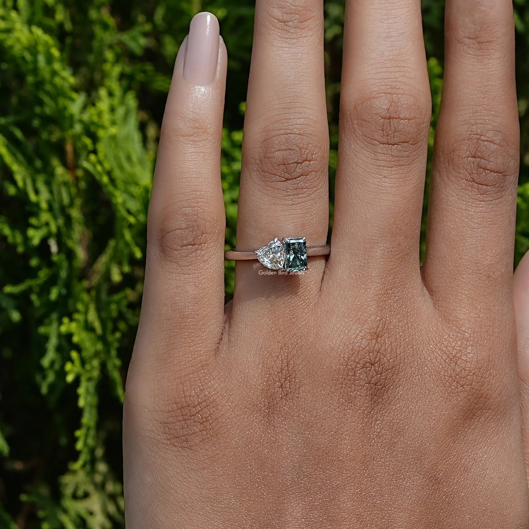 In front view of moissanite double stone cut Ring