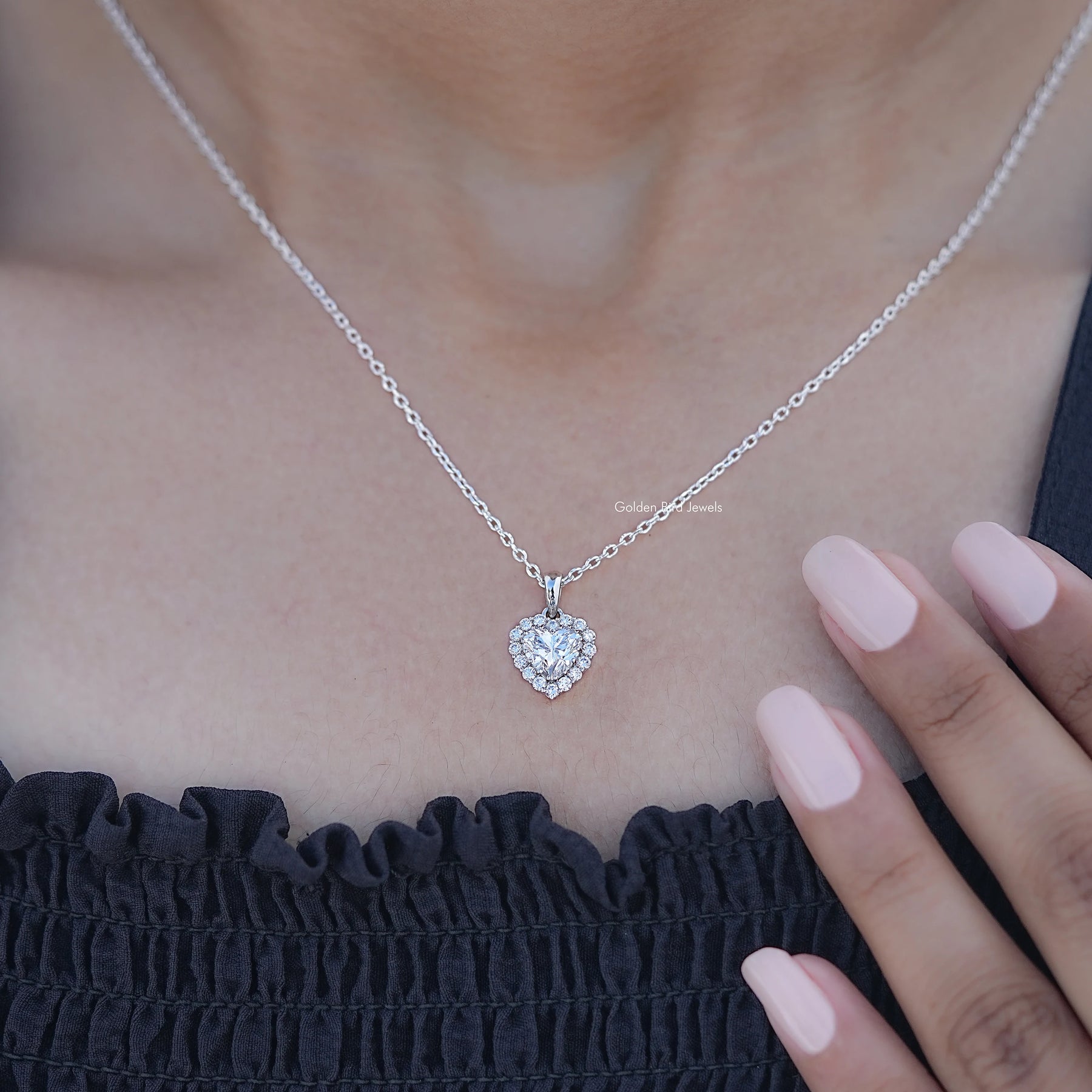 In Neck View of Asscher Cut Halo Pendant with Lab Diamond