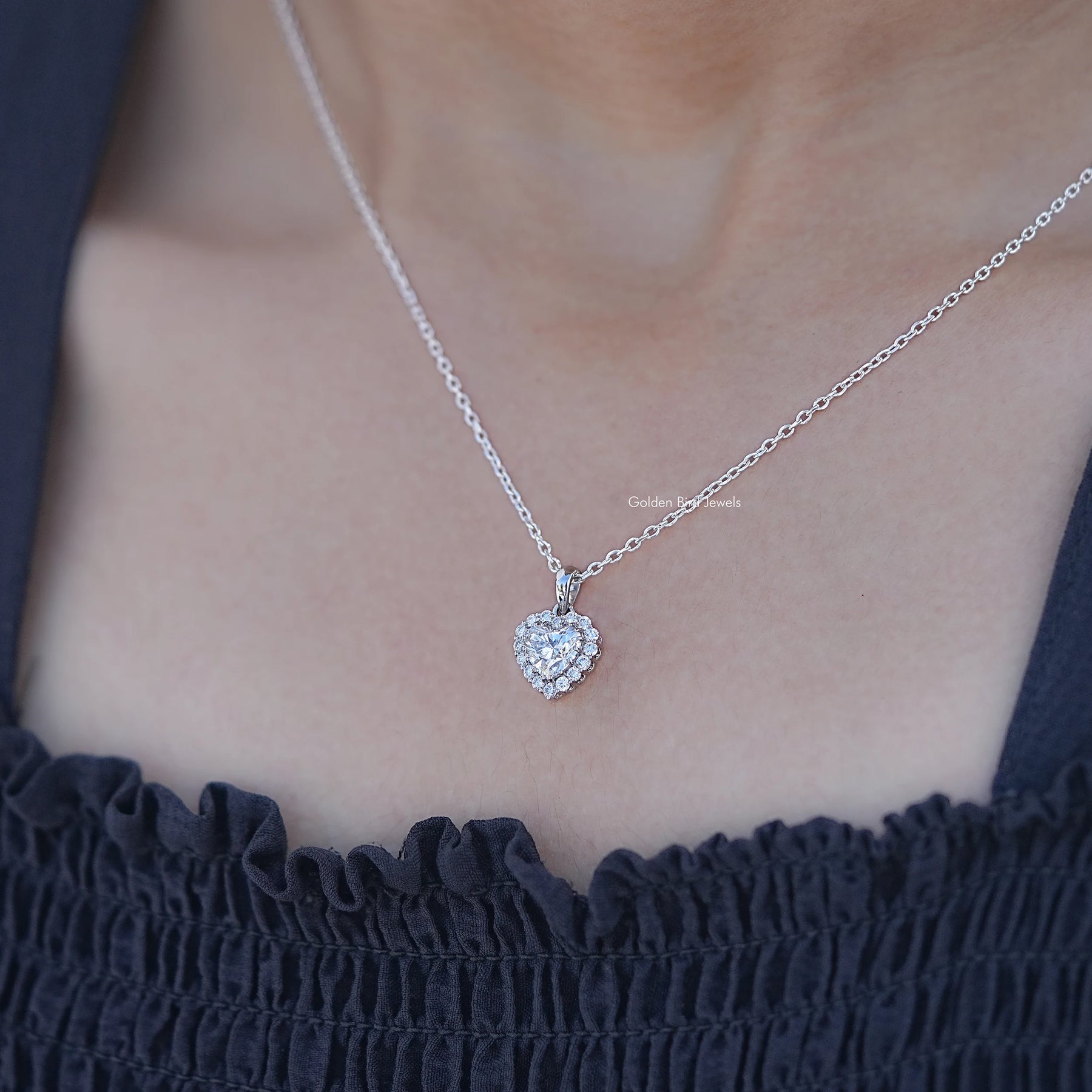 Display View of Heart Shaped Lab Diamond Halo Pendant In White Gold