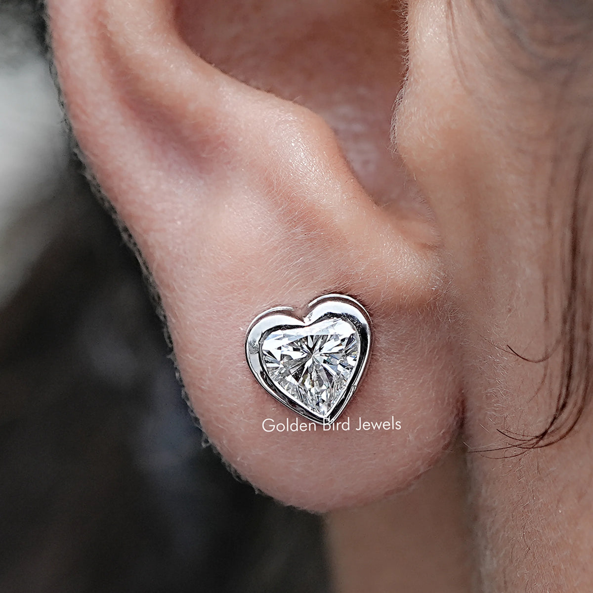 Close up view of Heart Shaped Lab Grown Diamond Stud Earrings