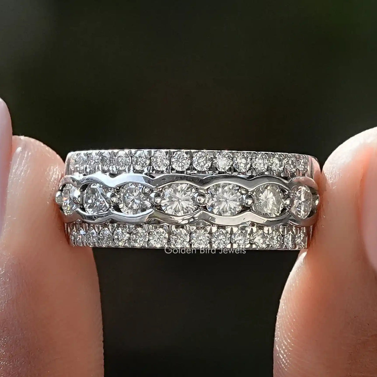 Round Cut Three Row Moissanite Eternity Band