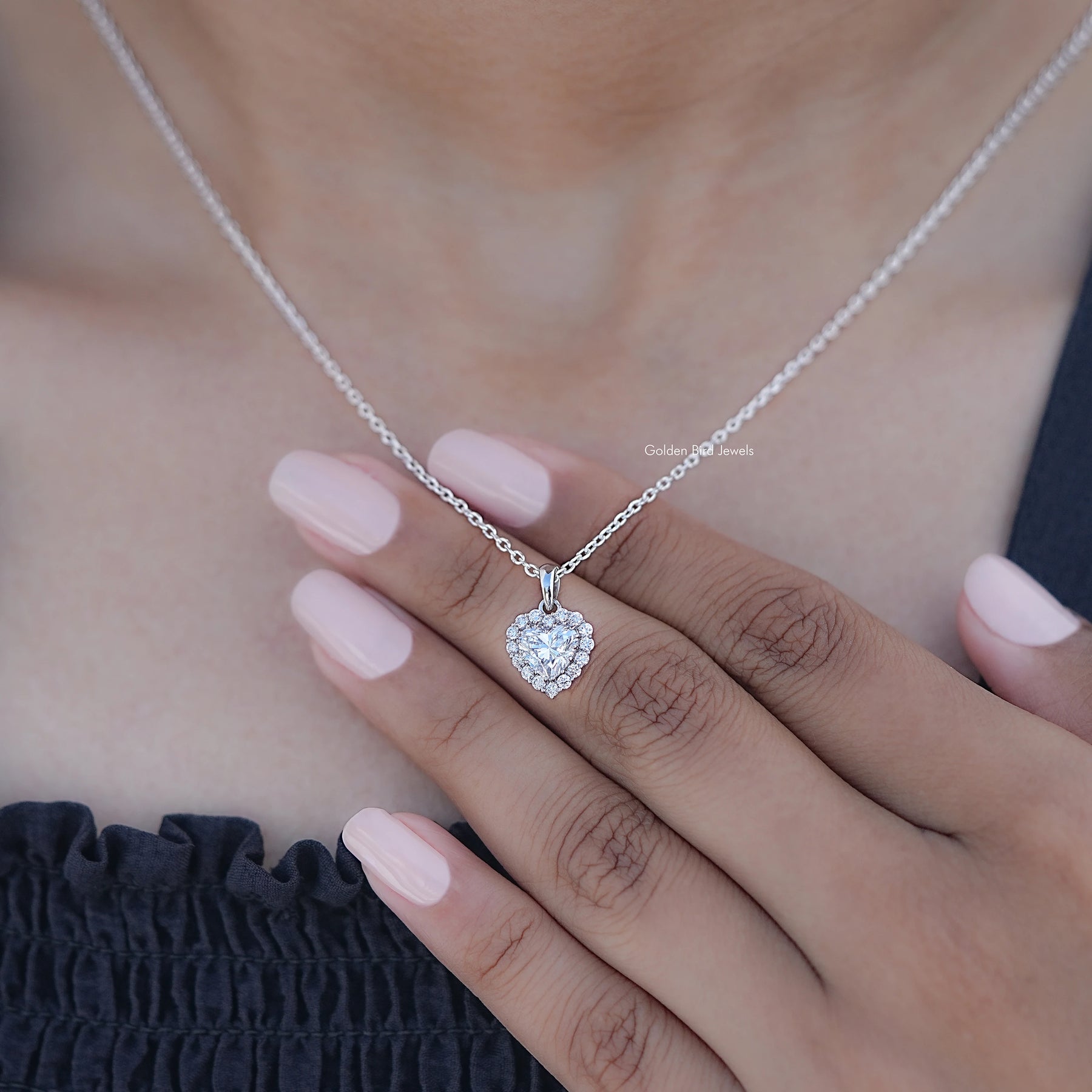 Detailed View of Heart Shaped Lab Diamond Halo Necklace