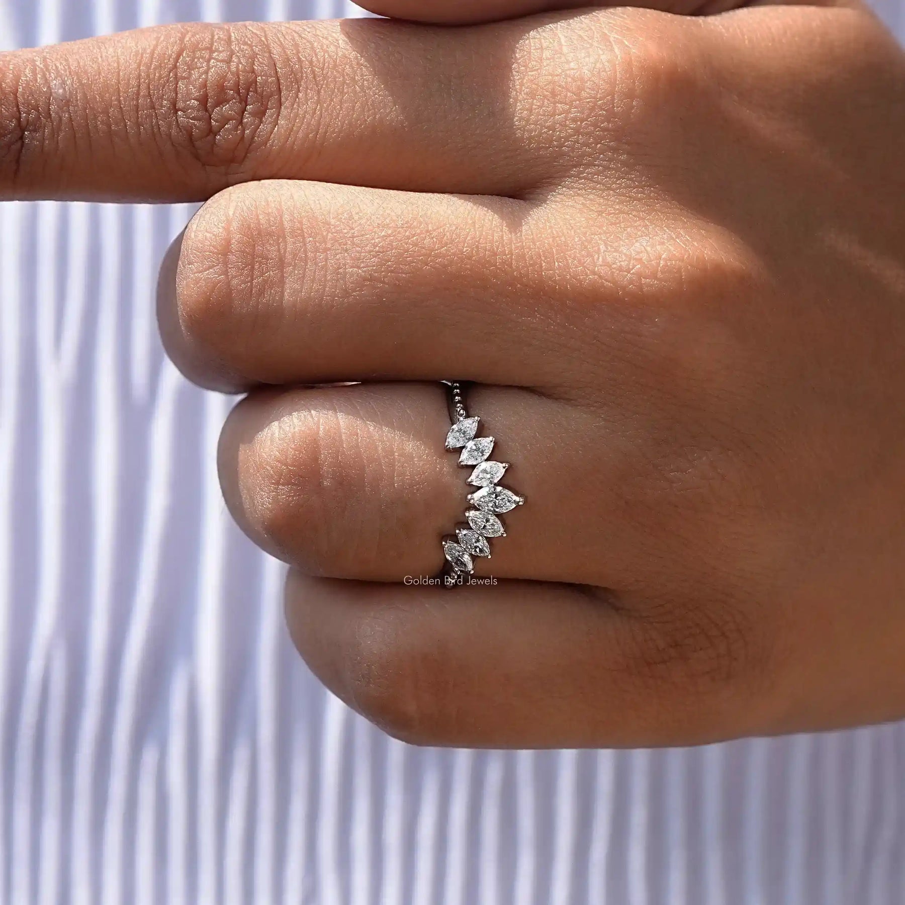 View of Diamond Marquise Cut Wedding Stackable Diamond Band In Finger