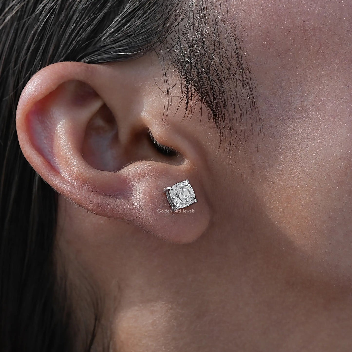 Detailed view of Lab diamond old mine cushion stud earrings