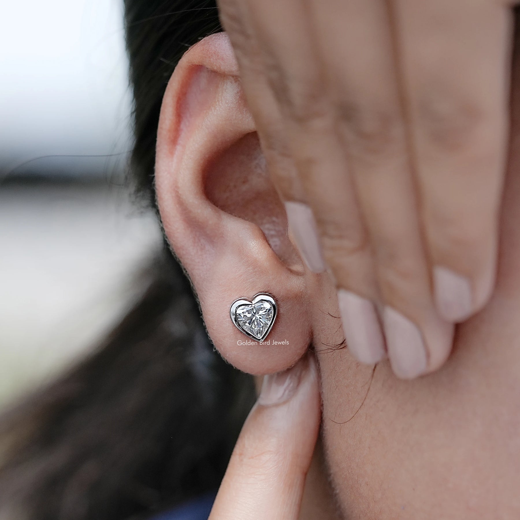 Detailed view of Heart Shaped Lab Diamond Stud Bridal Earrings