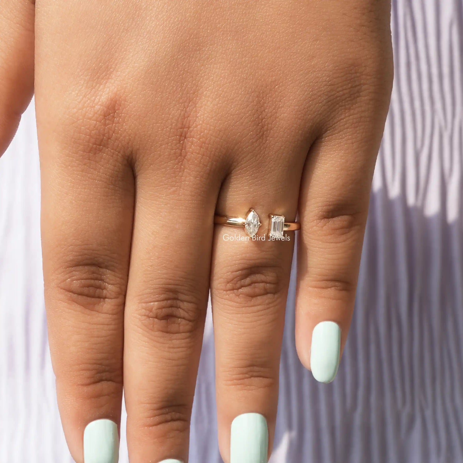 View of a Two stone moissanite  engagement ring