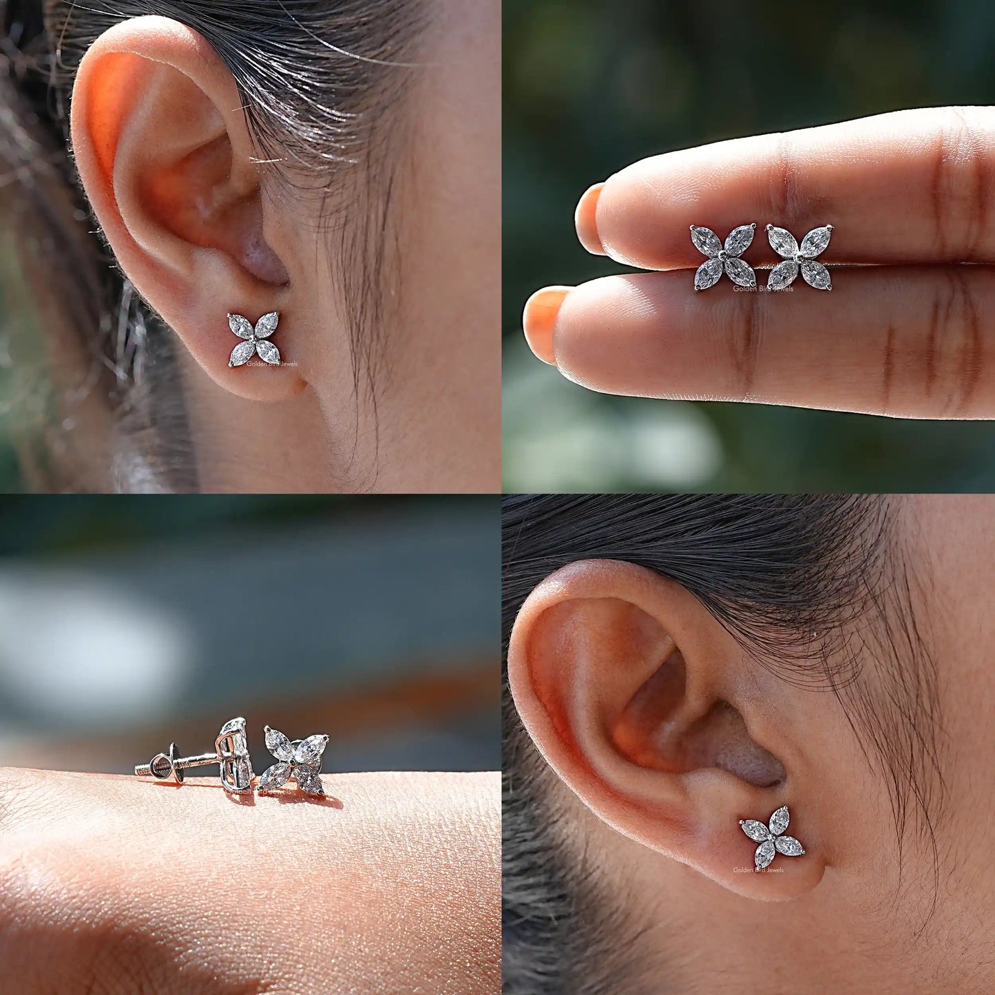 Different view of marquise cut flower stud earings in white stoes