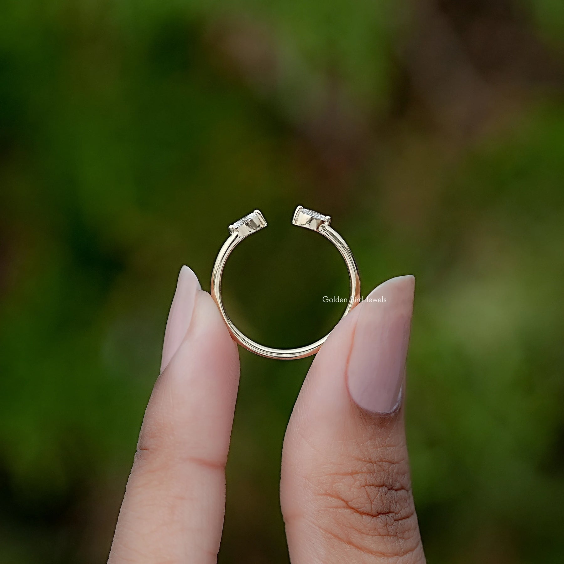 Back view of Open Cuff Two Stone Ring in secure setting