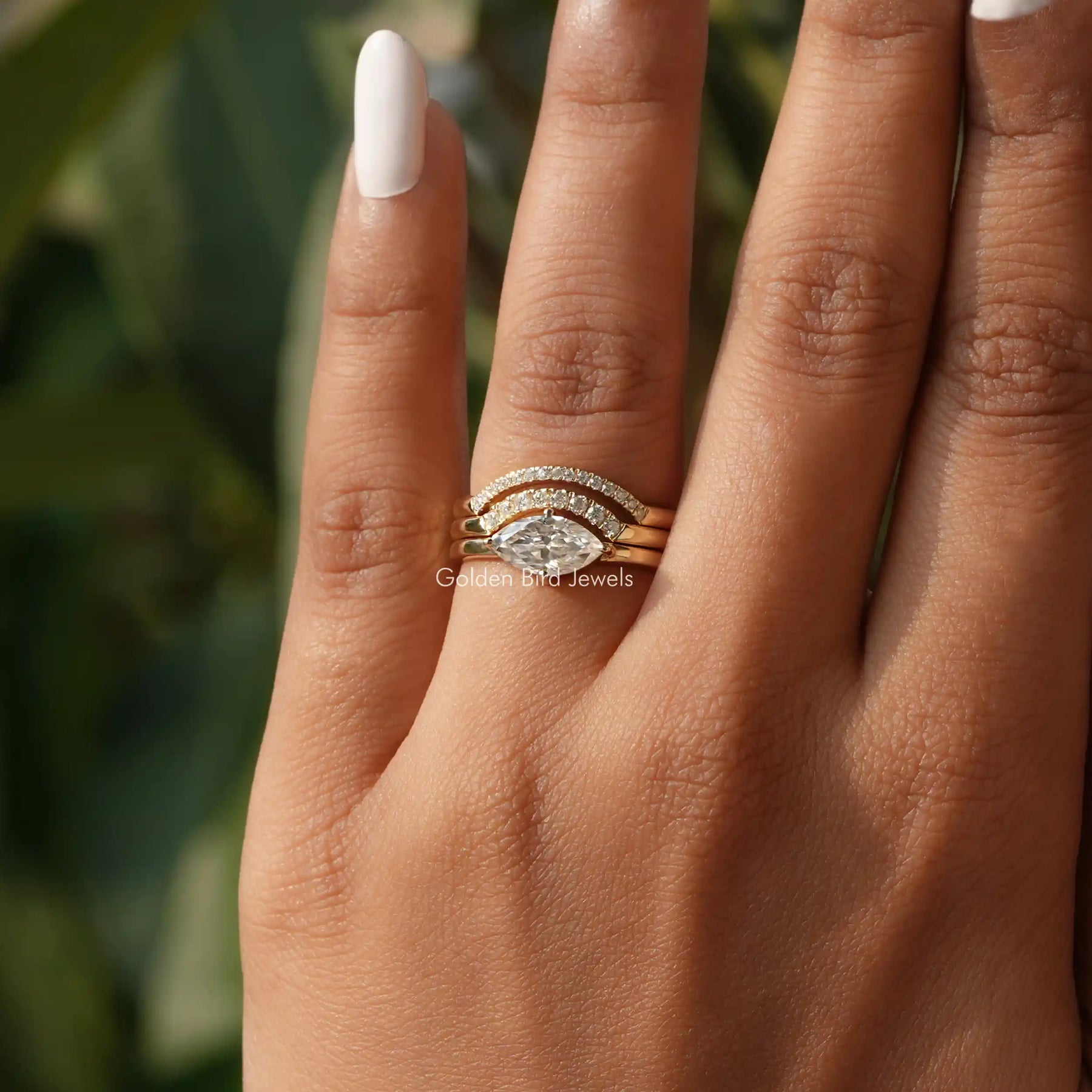 View of Marquise Cut Moissanite Bridal Ring Set In Yellow Gold