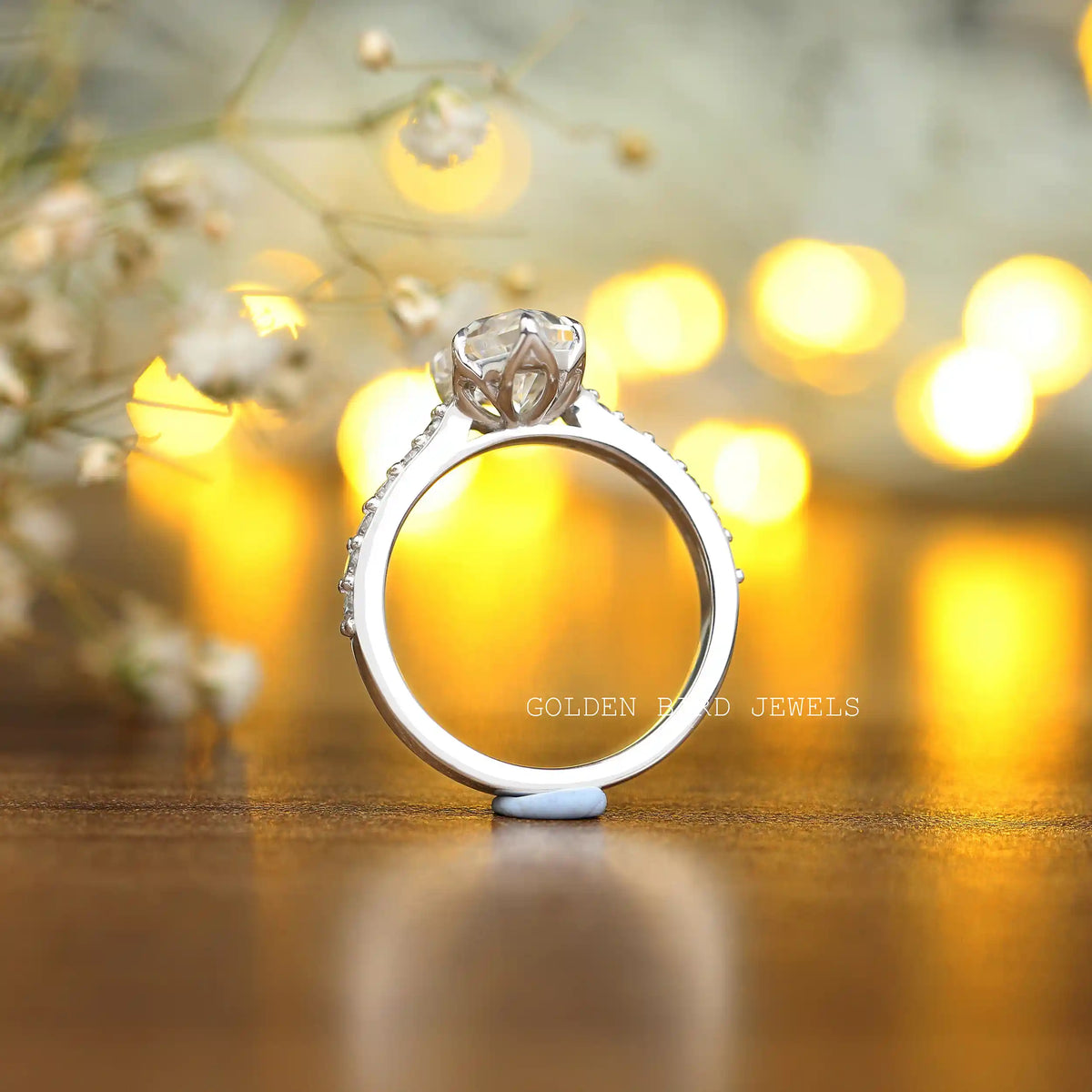 Back view of marquise moissanite  ring in white gold