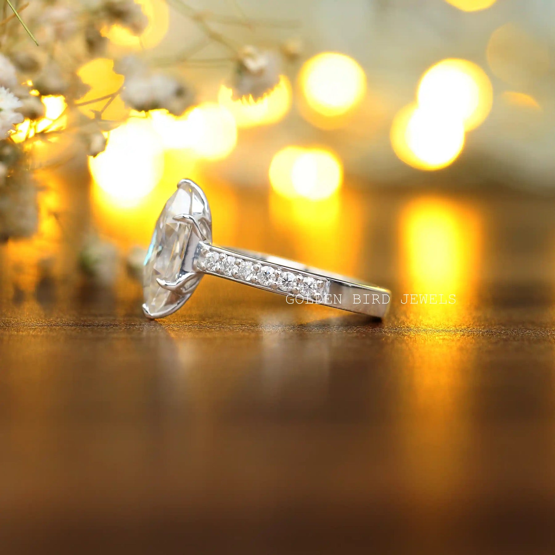 Side View Of Dutch Marquise Cut moissanite  Ring in a secure setting