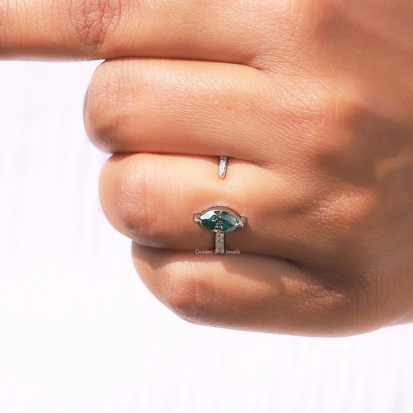 Close-Up View of Moissanite Marquise Cut Open Cuff Accent Stone Ring In White Gold