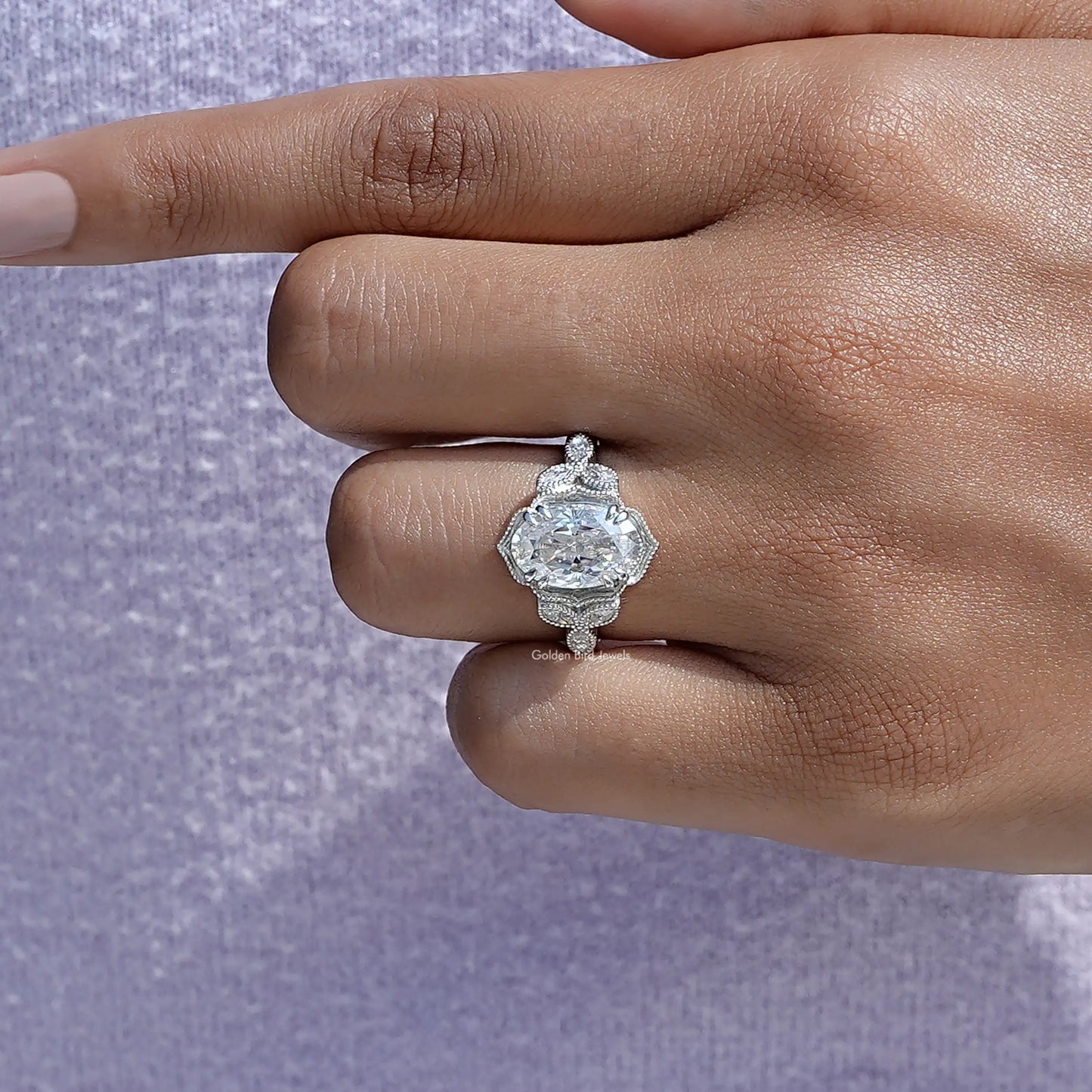 Close-Up View of Crushed Ice Oval Milgrain Accent Ring In White Gold