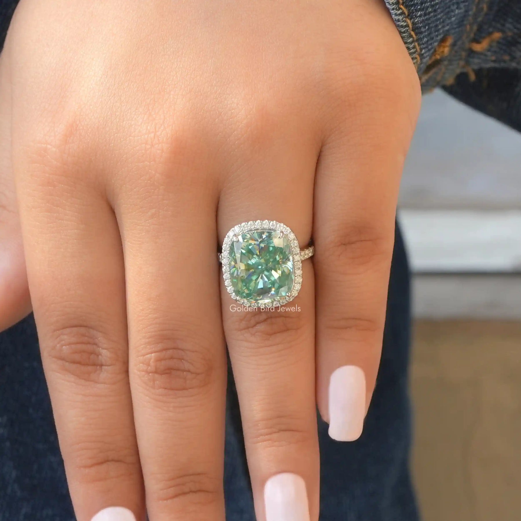 View of Cushion Cut Moissanite Ring In White Gold