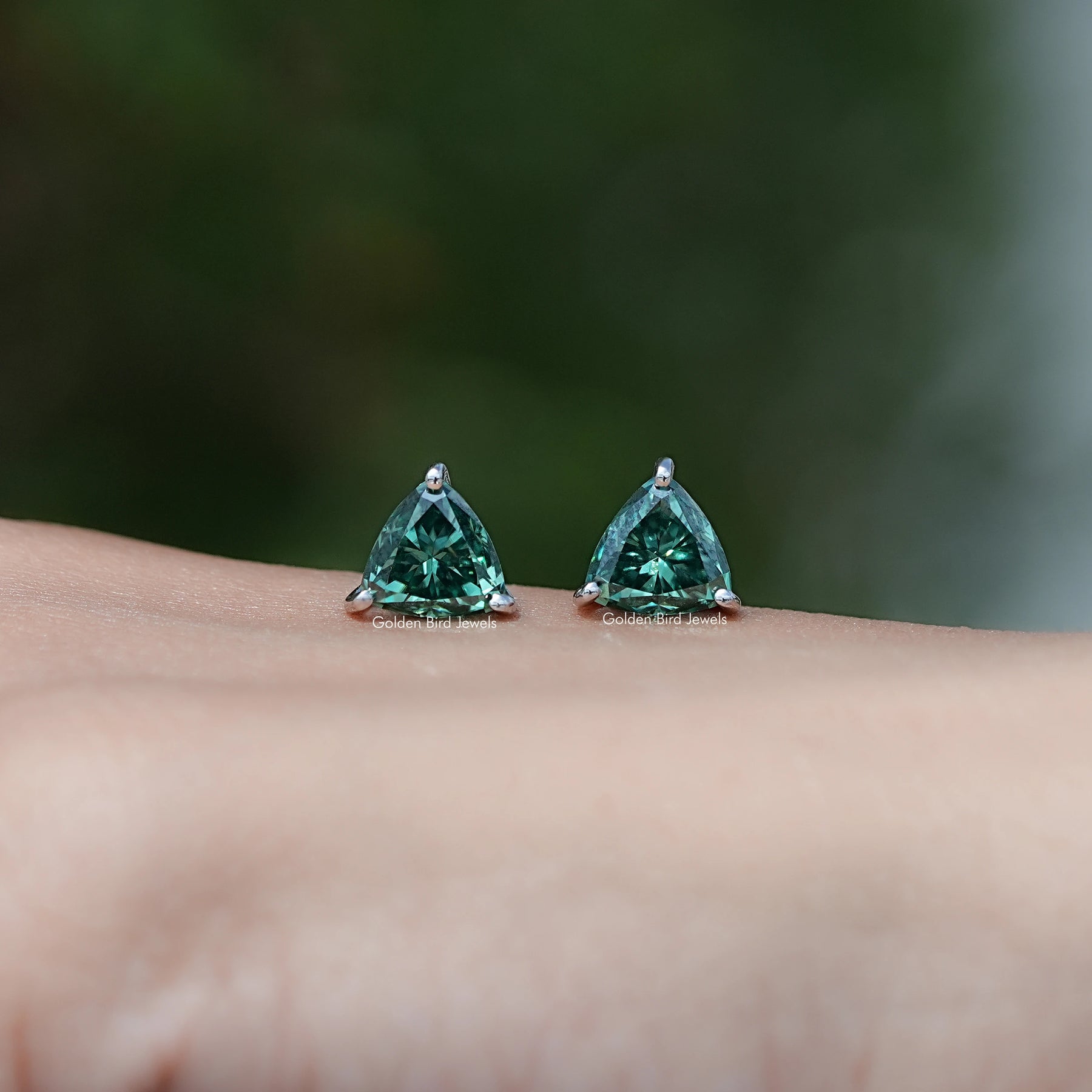 Dark Green Trillion Cut Moissanite Stud Earrings