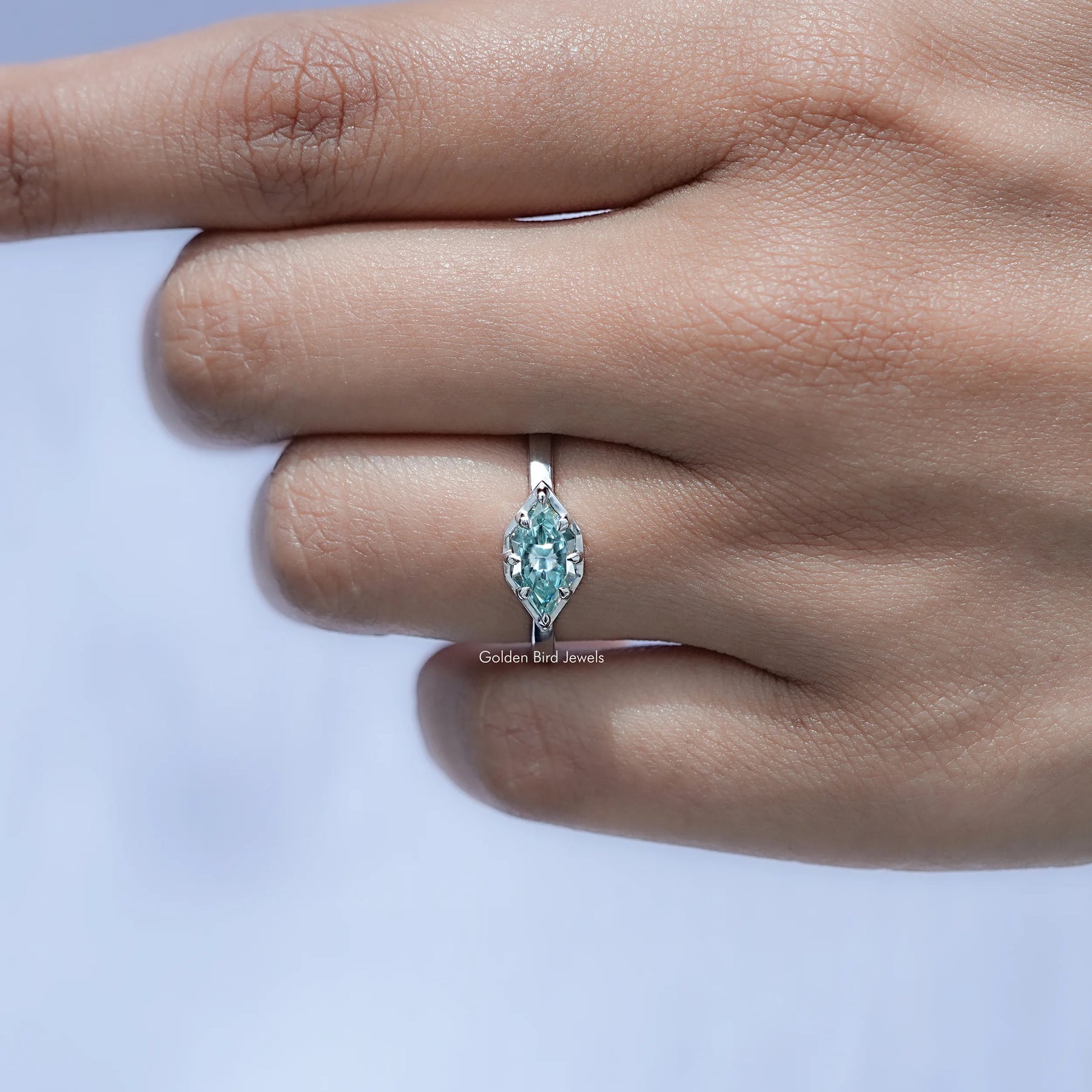 View of Marquise Cut Moissanite Ring in prongs setting