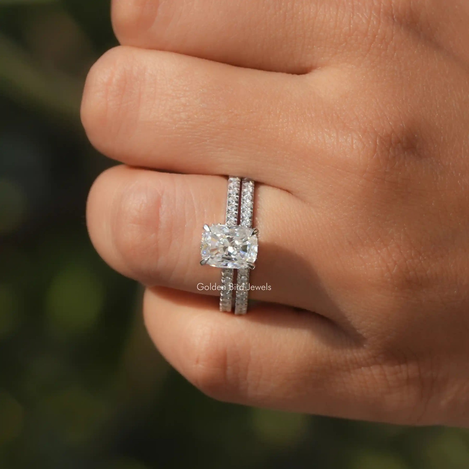 Close-Up View of Moissanite Cushion Cut Ring Set In White Gold