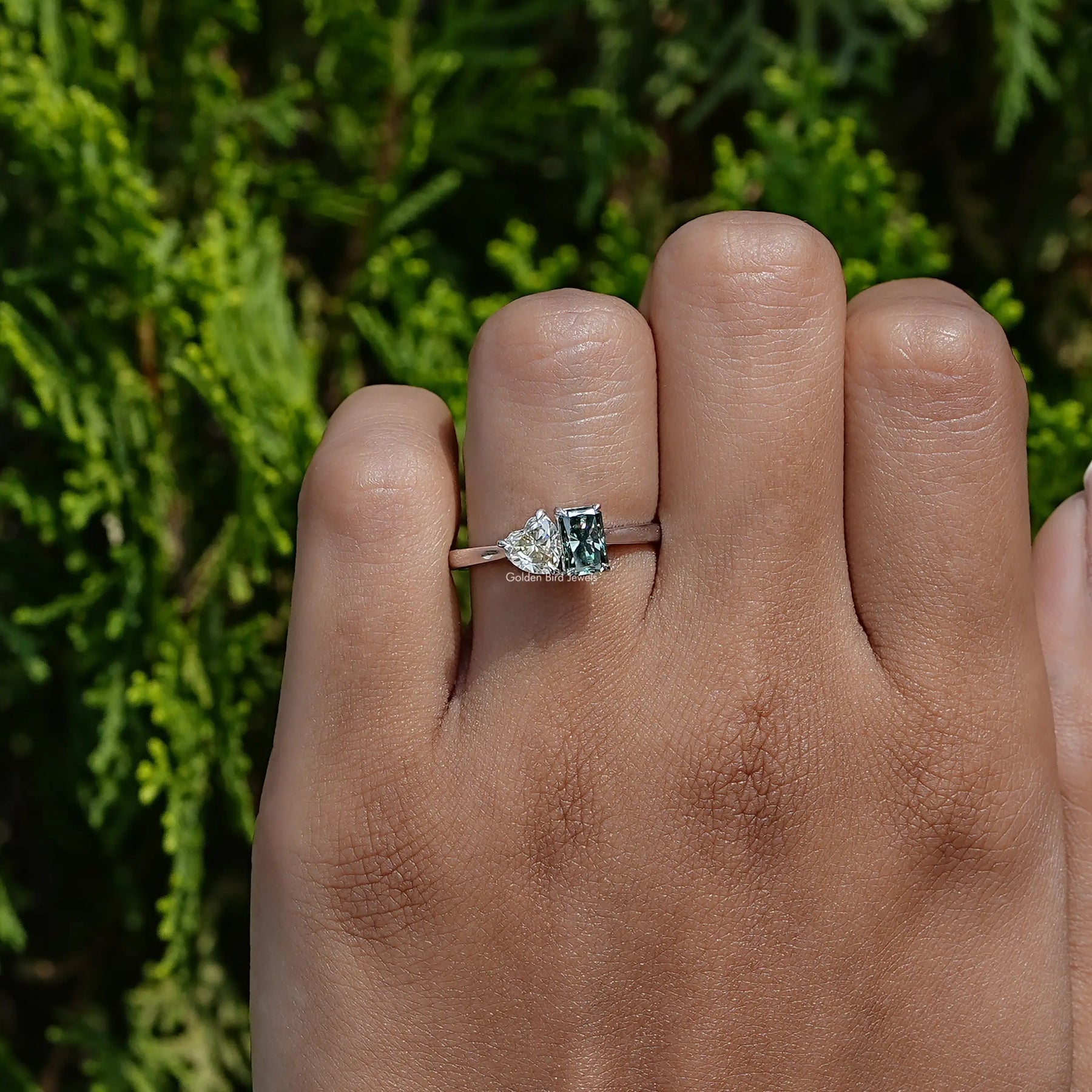 In front view of moissanite double stone cut Ring
