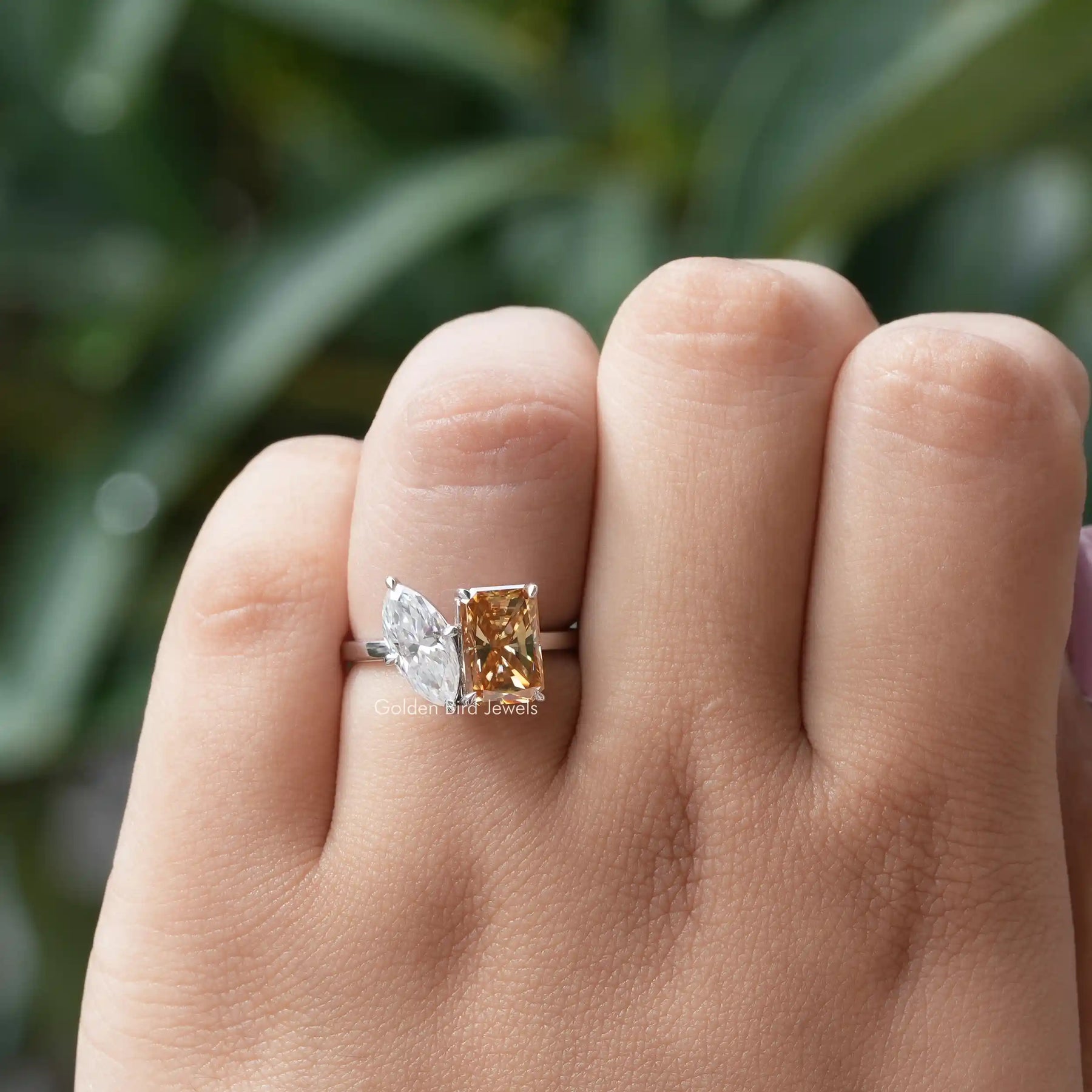 View of Moissanite Marquise And Radiant Cut Engagement Ring In White Gold